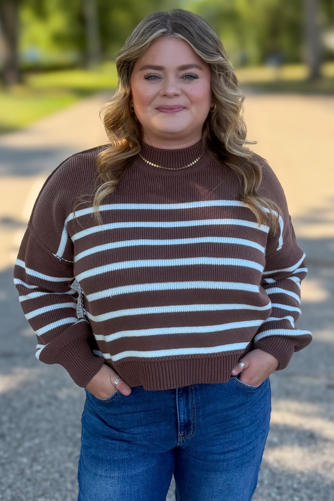 Brown Exposed Seam Striped Oversized Sweater