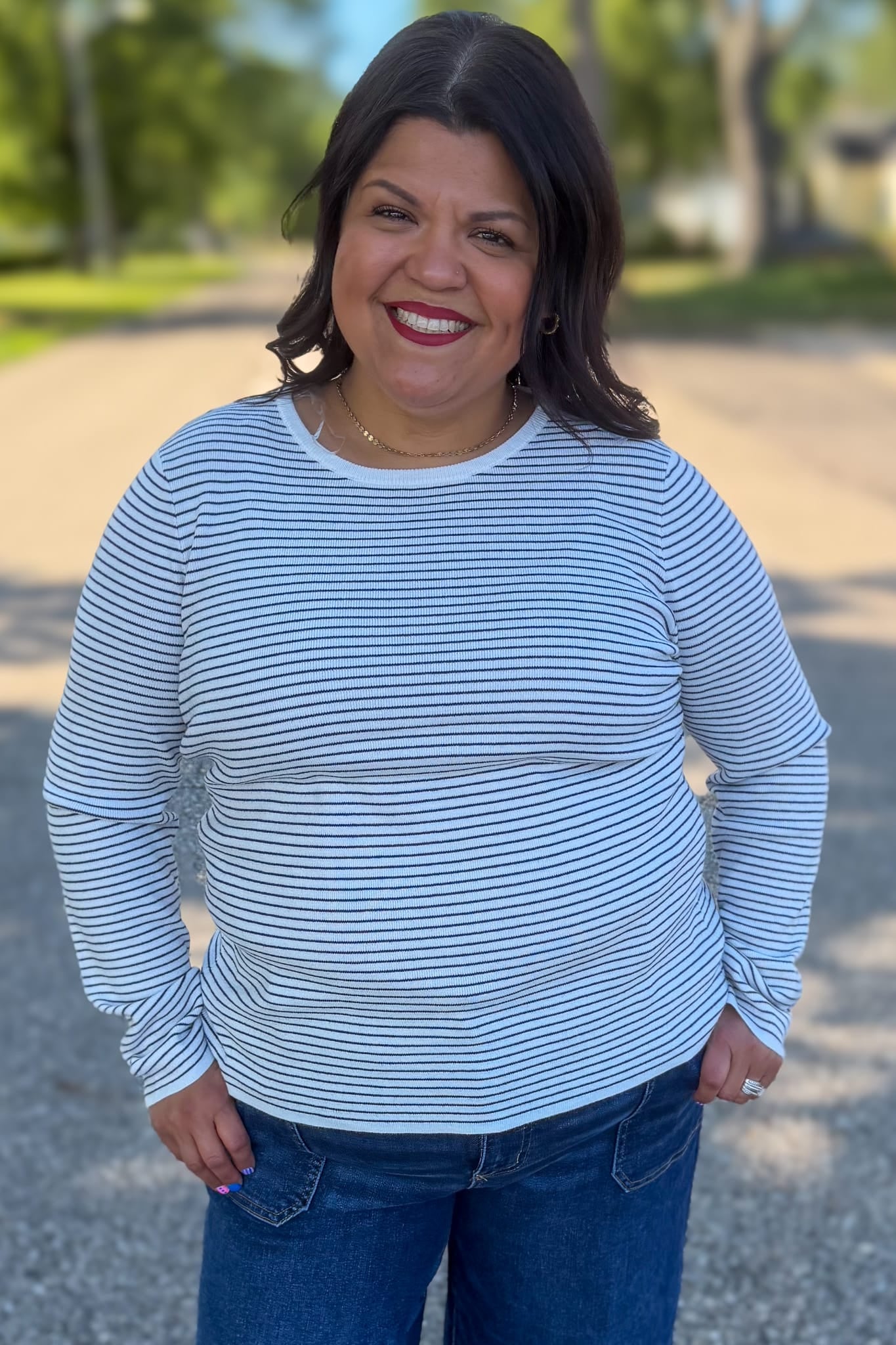 Ivory & Navy Pinstriped Sweater
