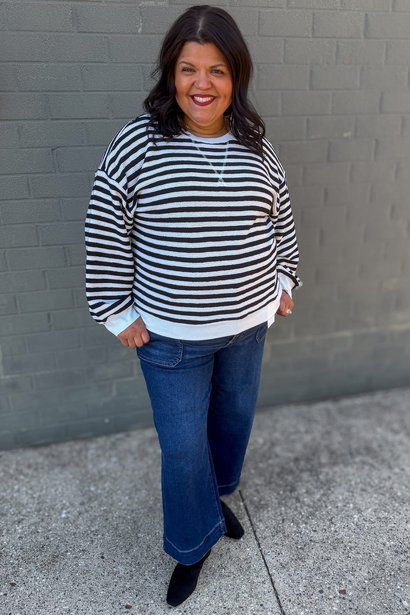 Black Striped Rib Banded Pullover Styled
