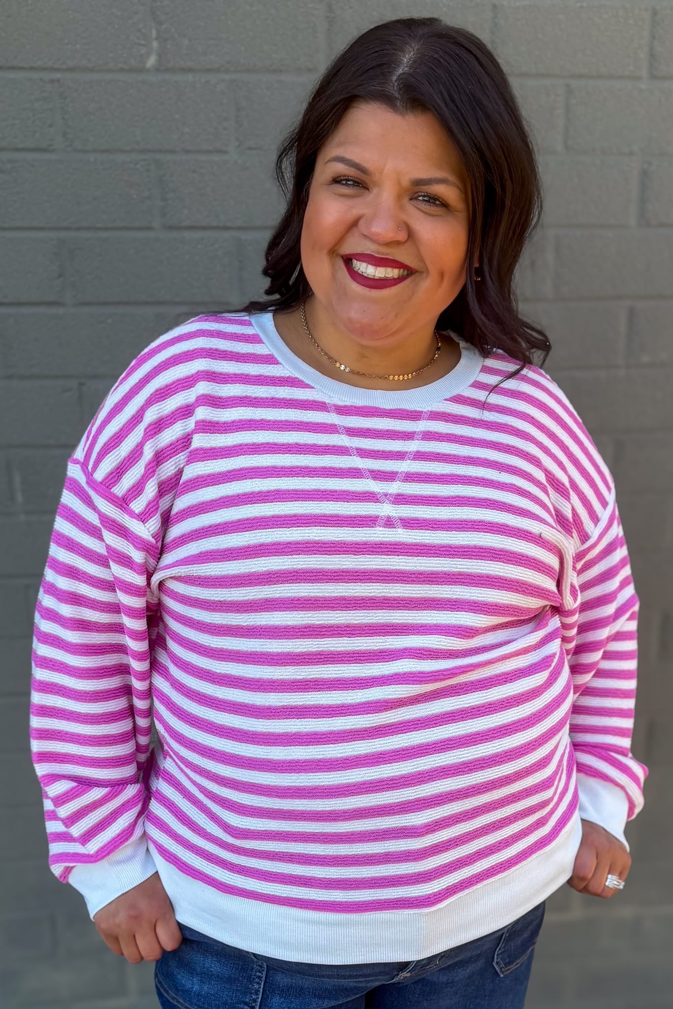 Candy Pink Striped Rib Banded Pullover