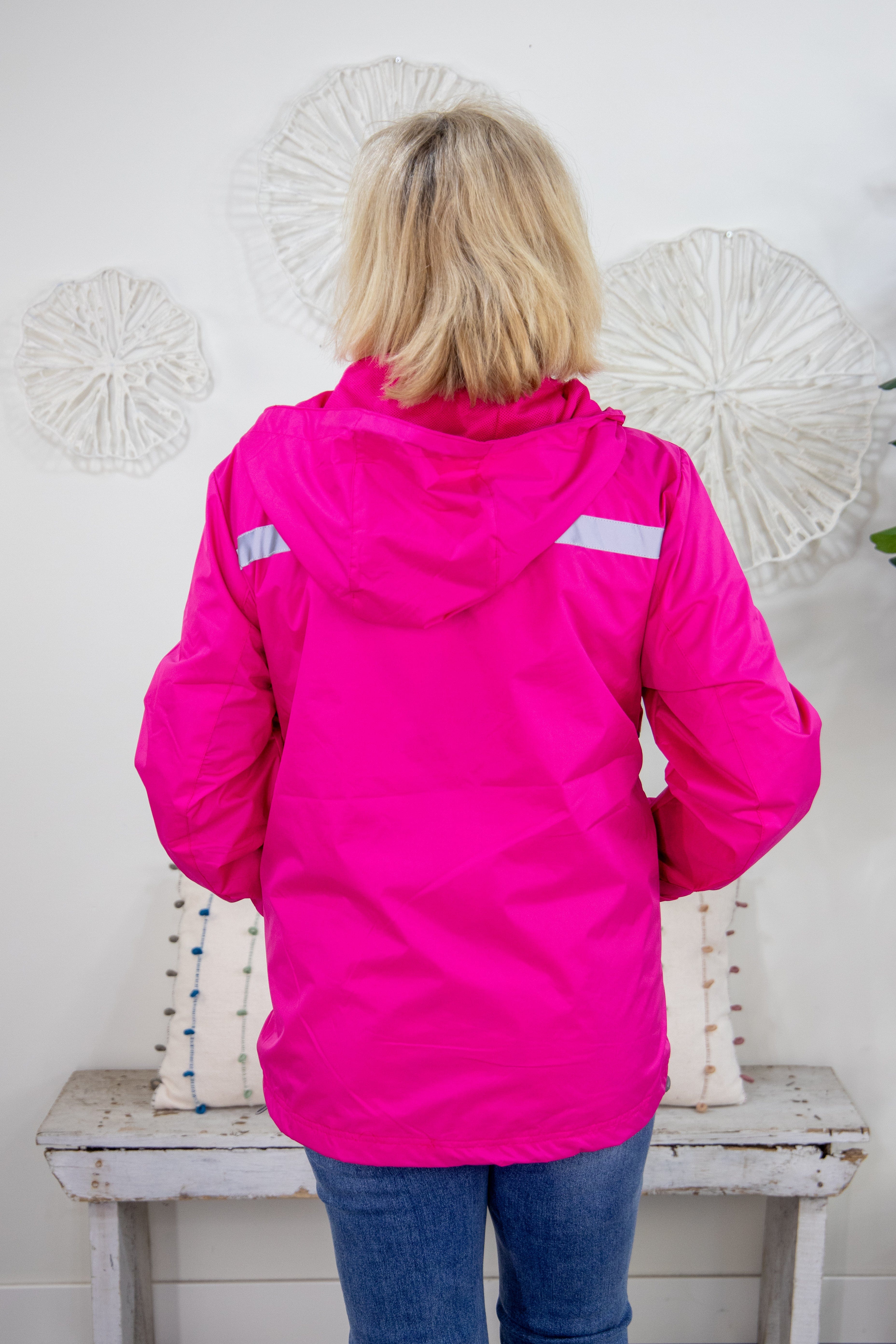 Fuchsia Hooded Cape Front Reflective Rain Jacket Back