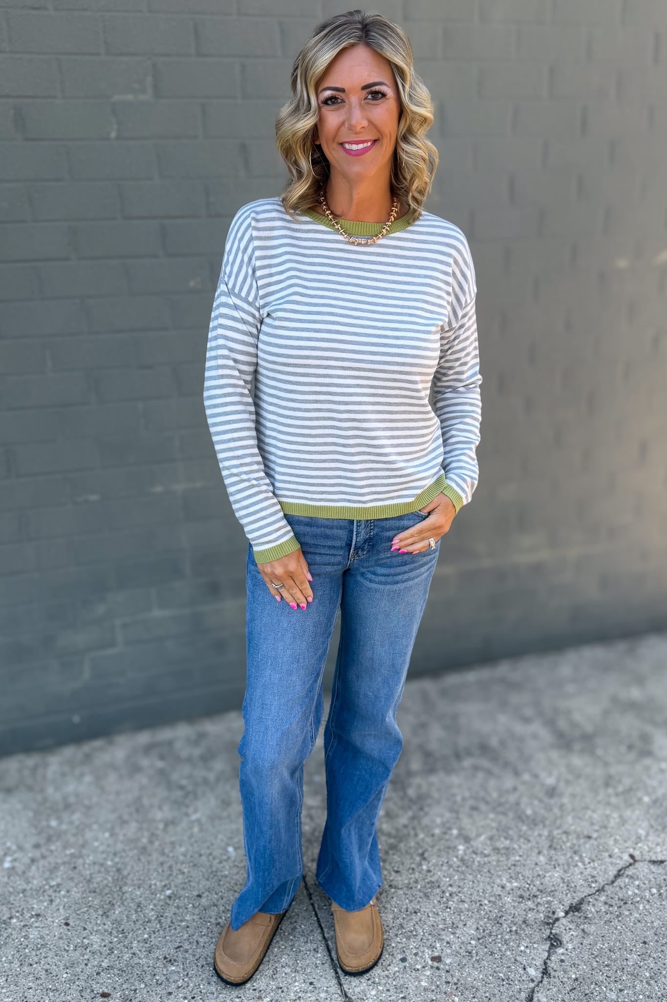 Heather Grey & Sage Stripe Sweater Styled