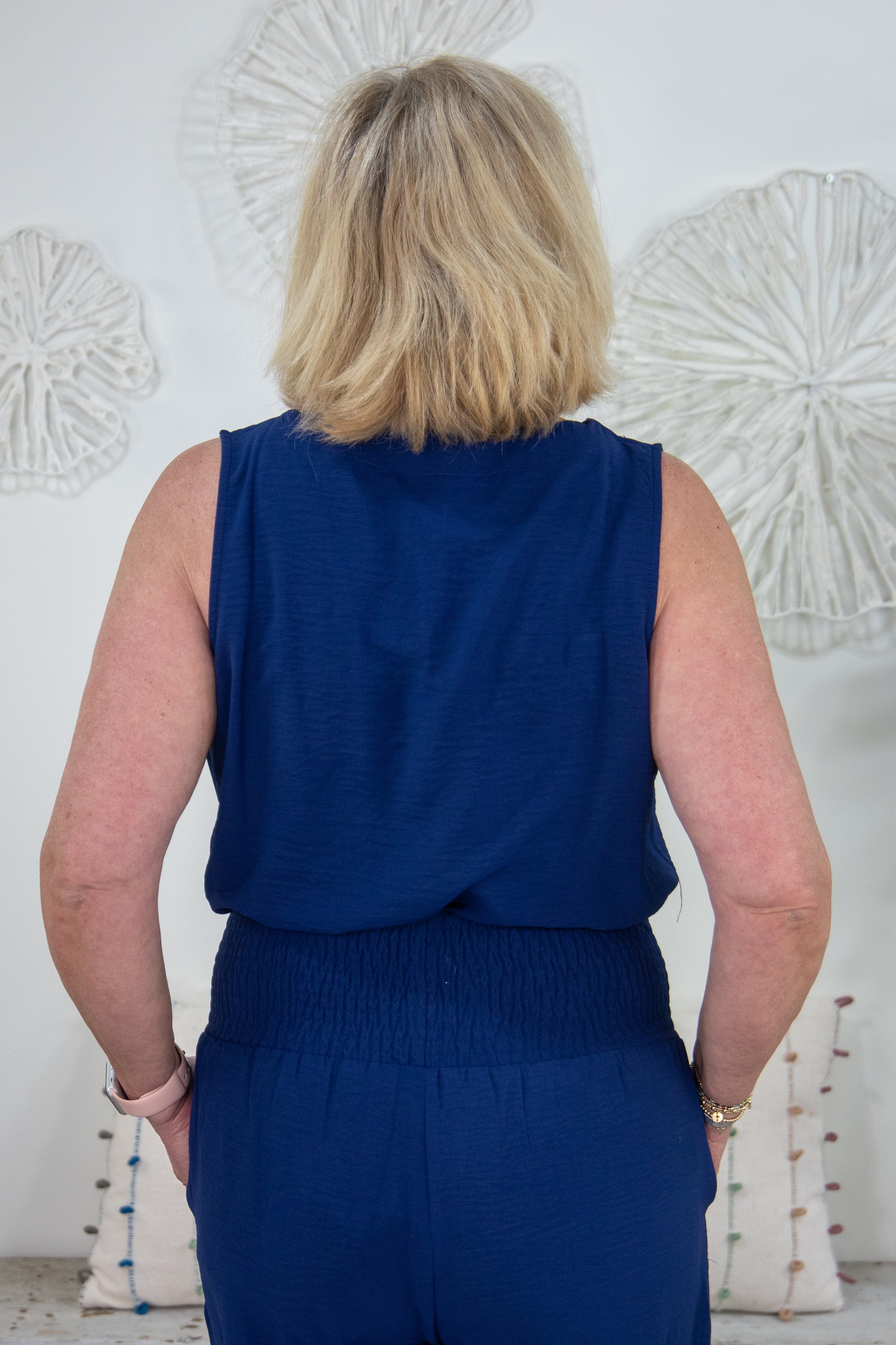 Navy Sleeveless V Neck Top Back