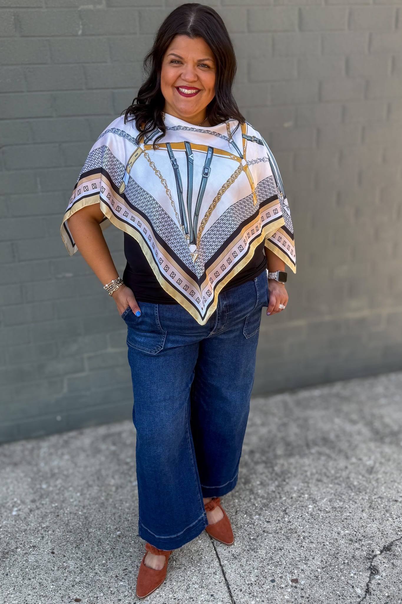 Ivory Belt Print Scarf Poncho Styled