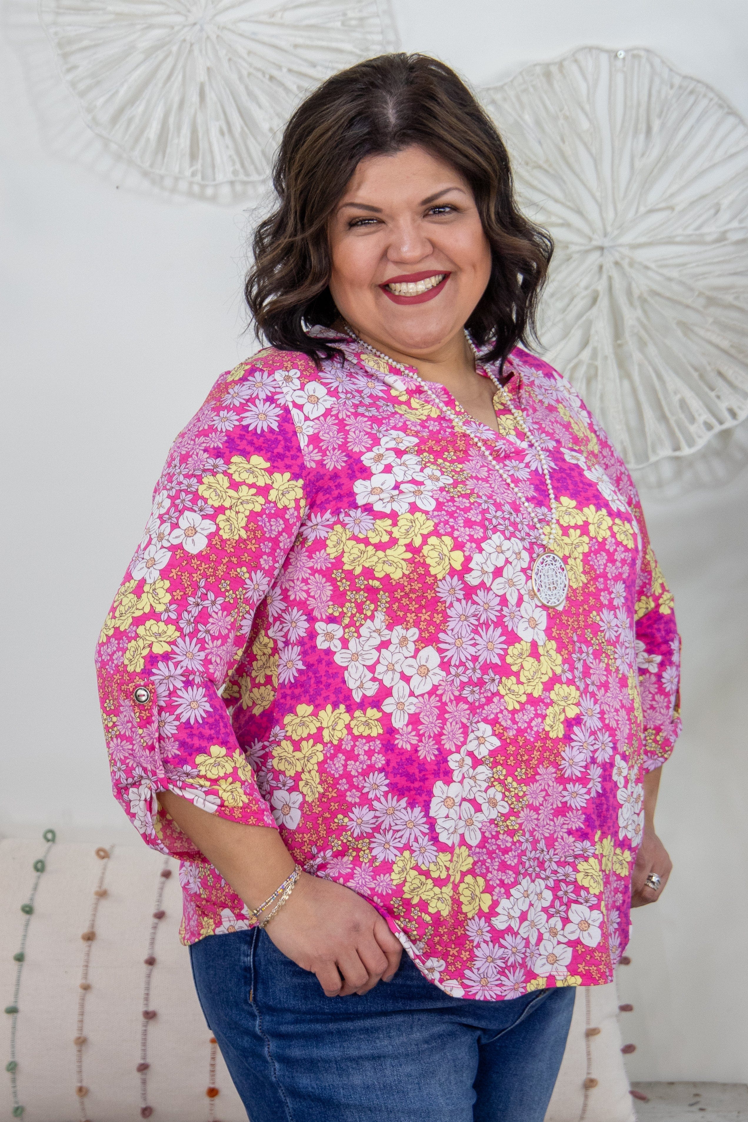 Bright Pink Yellow Floral Lizzy Top