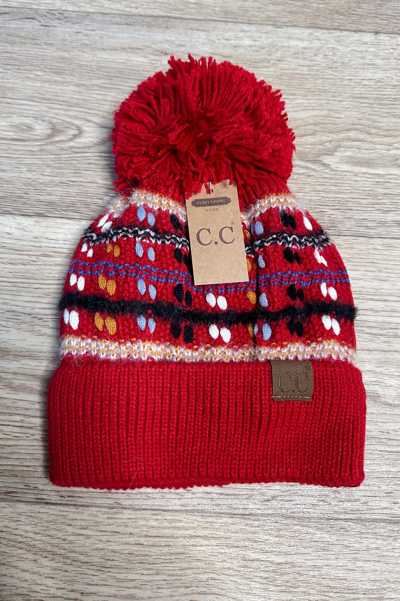Vintage Knit Yarn Pom Beanie - Red