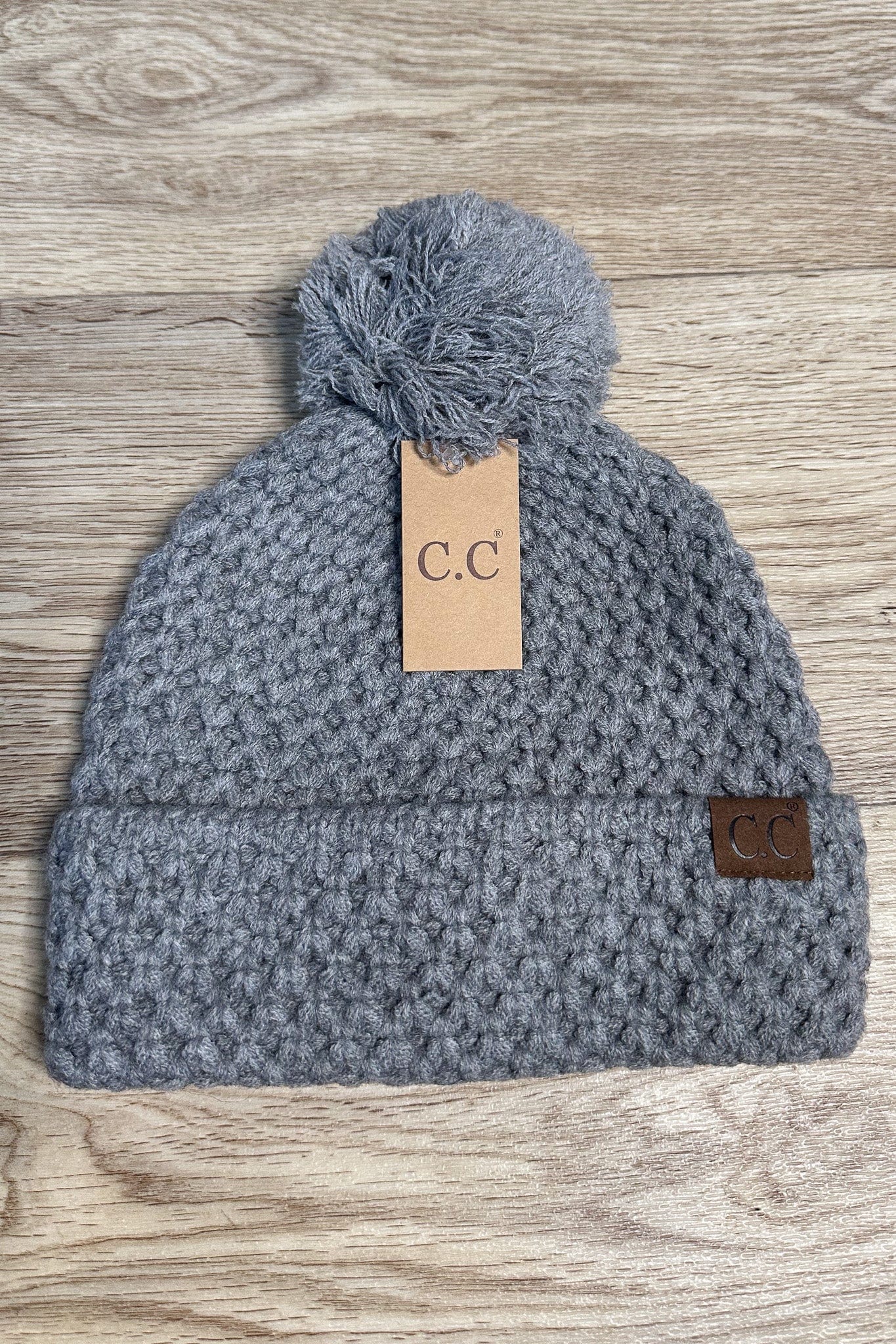 Bee Stitch Pattern Cuff Pom Beanie - Light Grey