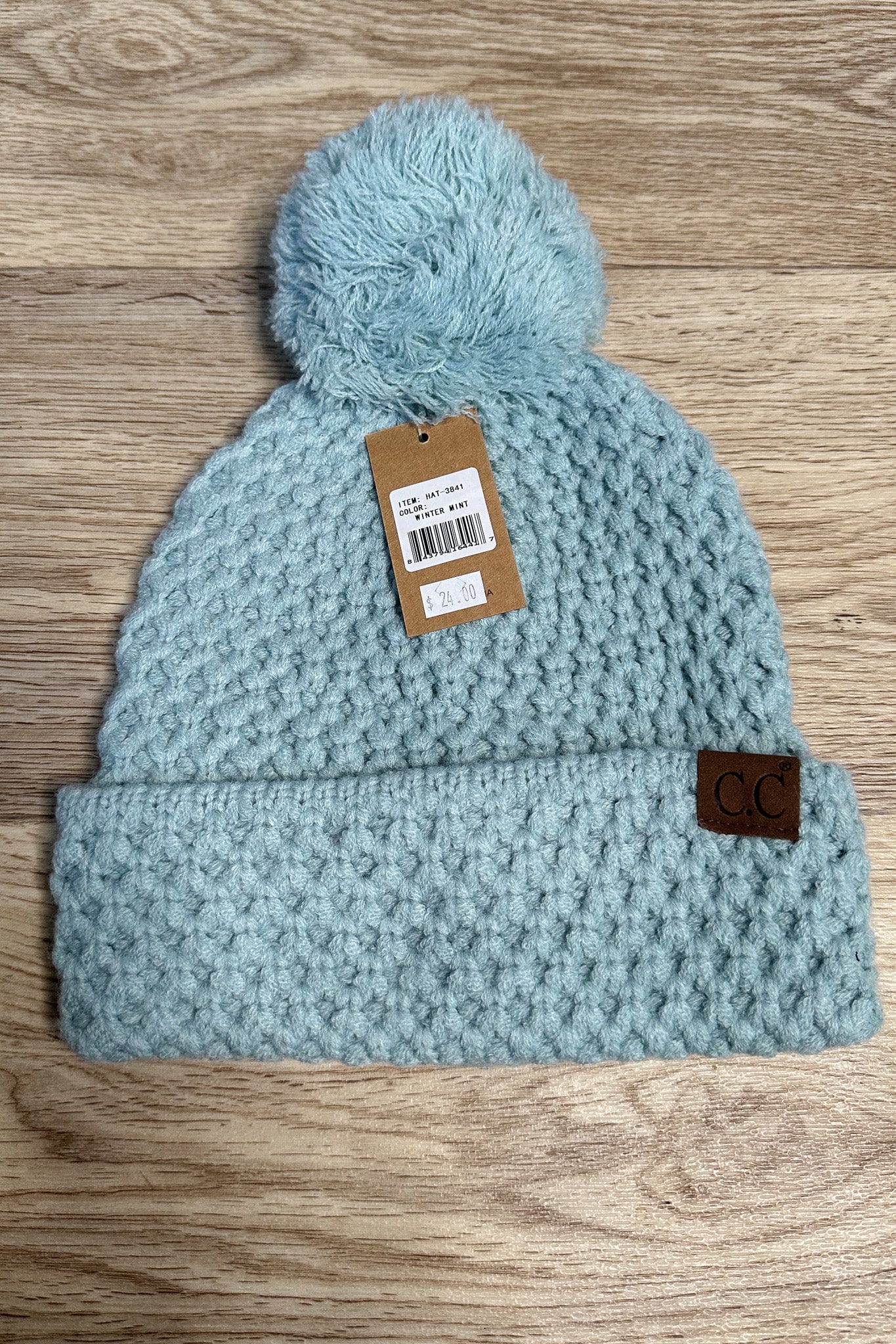 Bee Stitch Pattern Cuff Pom Beanie - Winter Mint