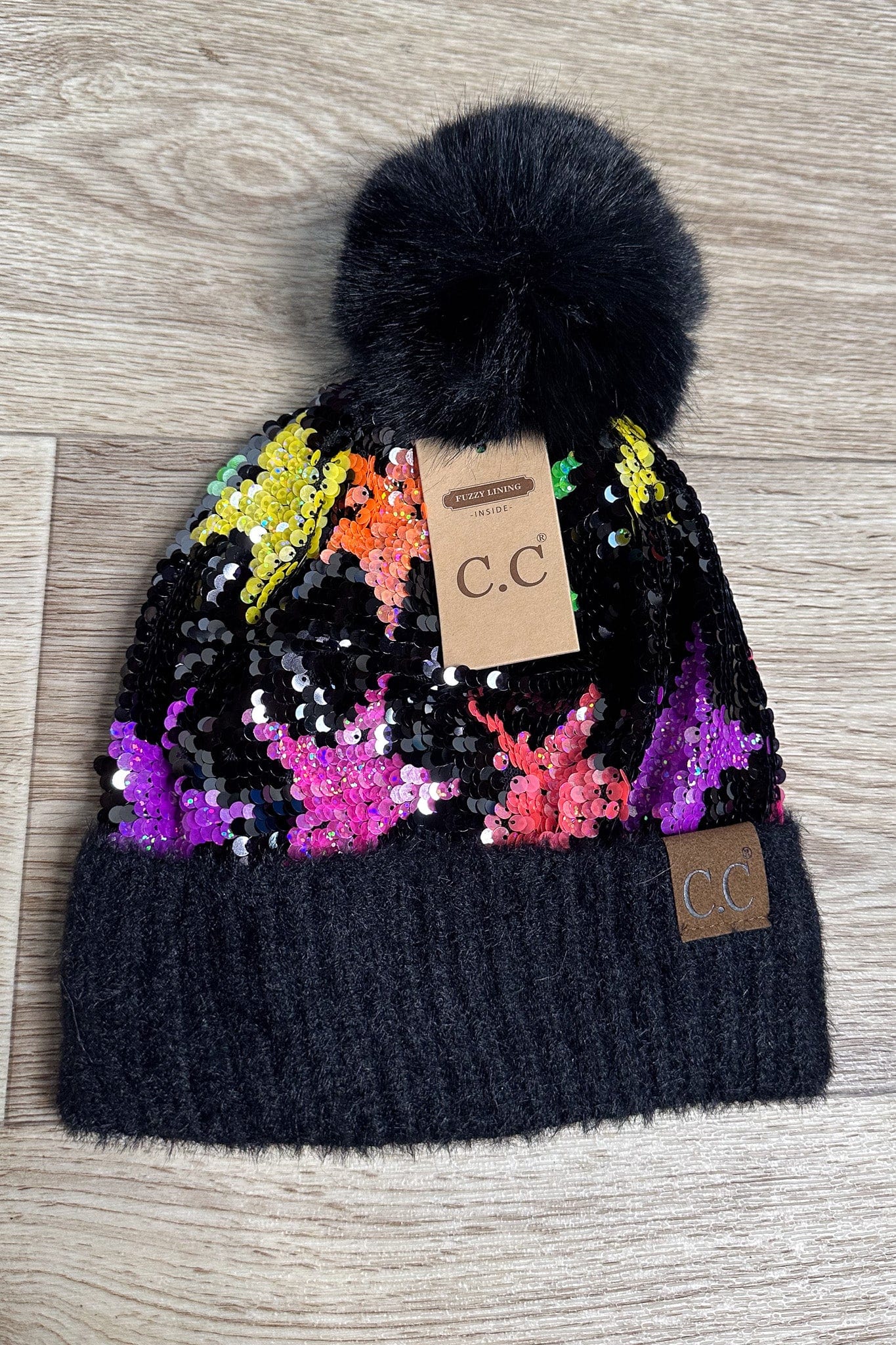 Sequin Starry Night Pom Beanie - Black
