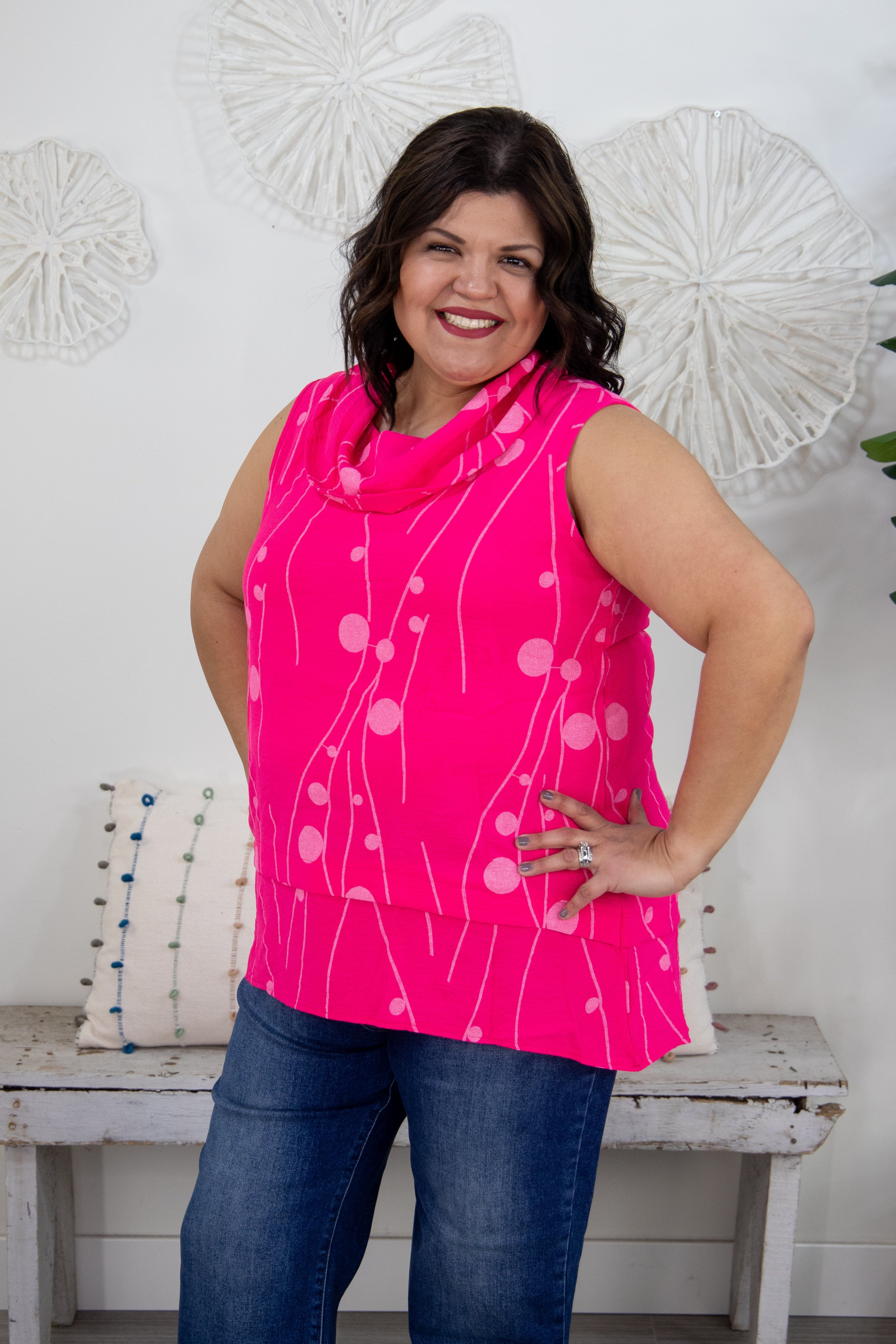 Bright Pink Patterned Cowl Neck Top Styled