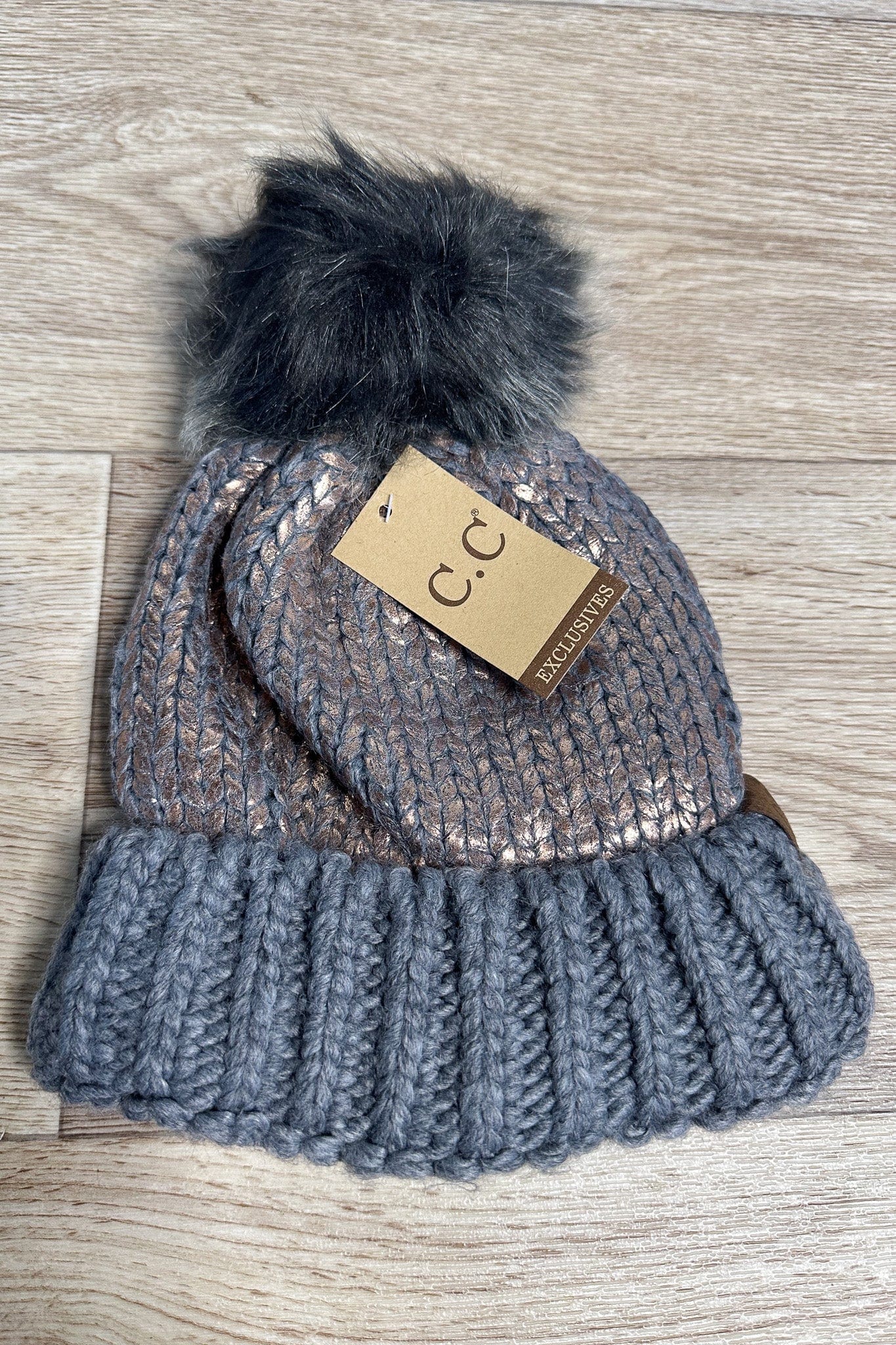Foil Cable Pom Beanie - Light Grey