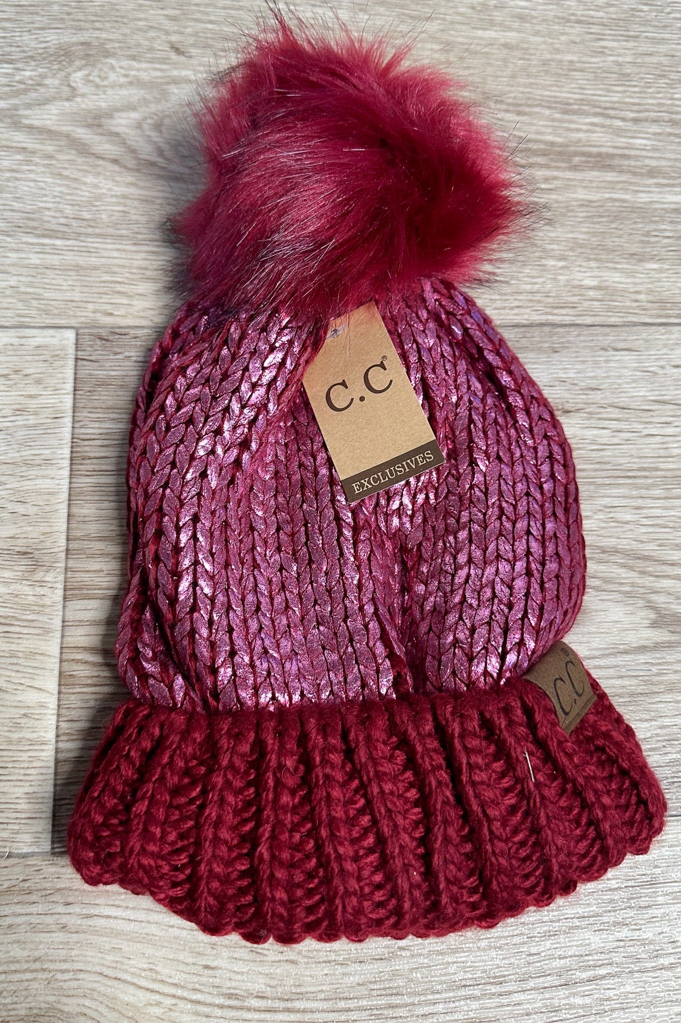 Foil Cable Pom Beanie - Burgundy