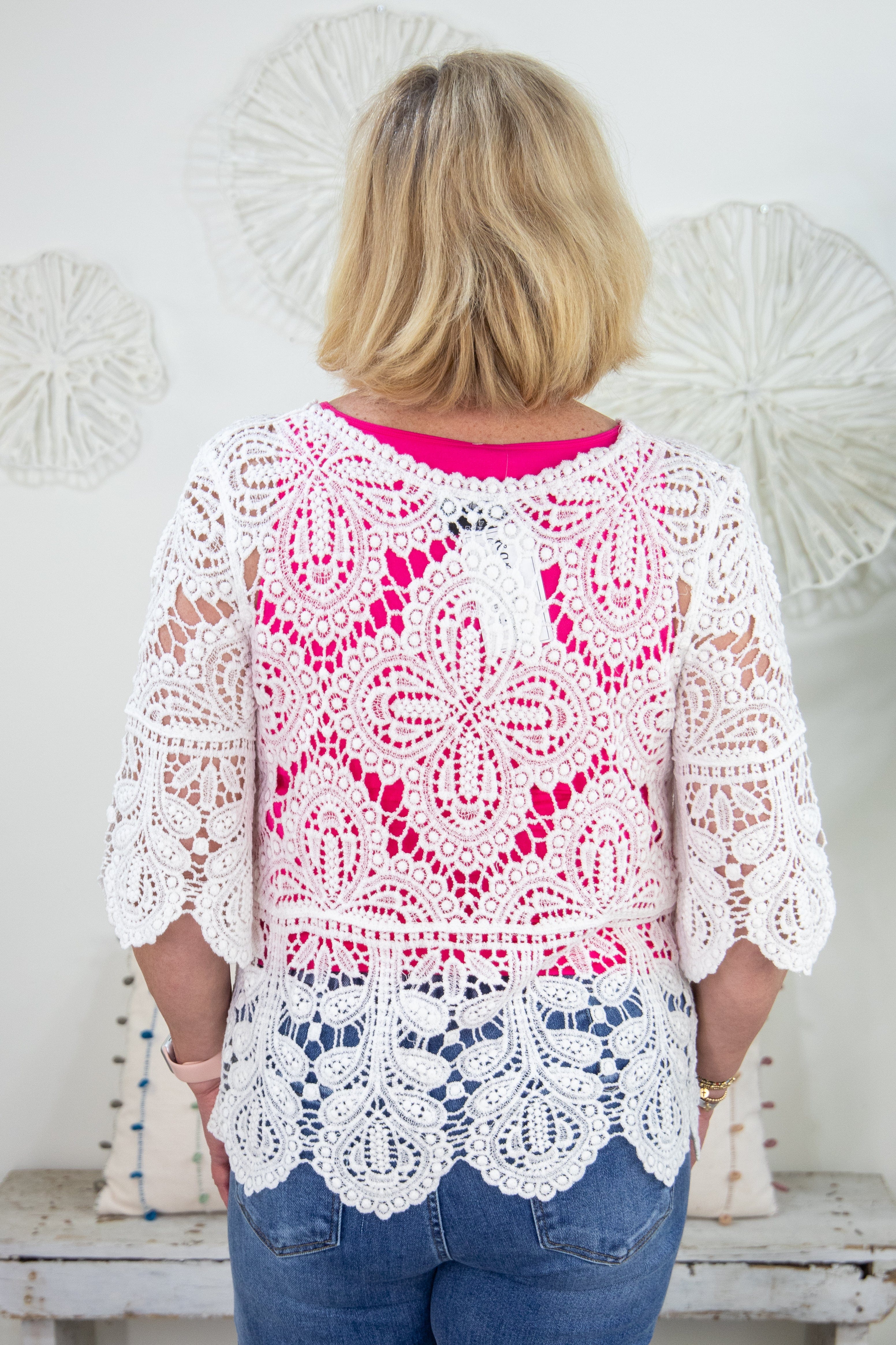 White Open Crochet Top Back
