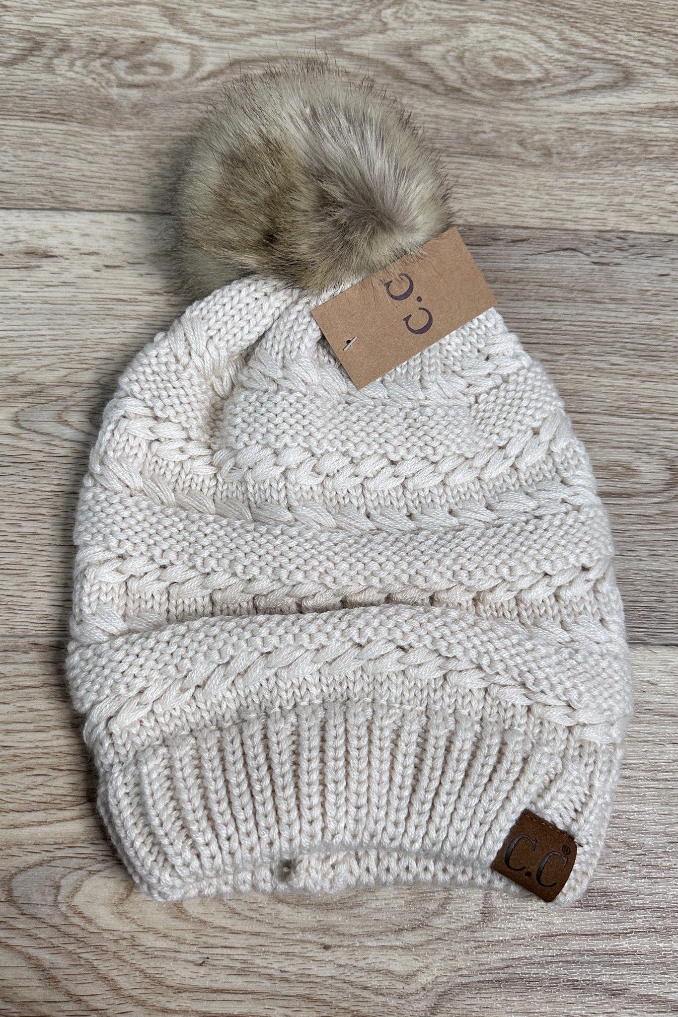 Whipstitch Knit Faux Fur Pom Beanie - Beige
