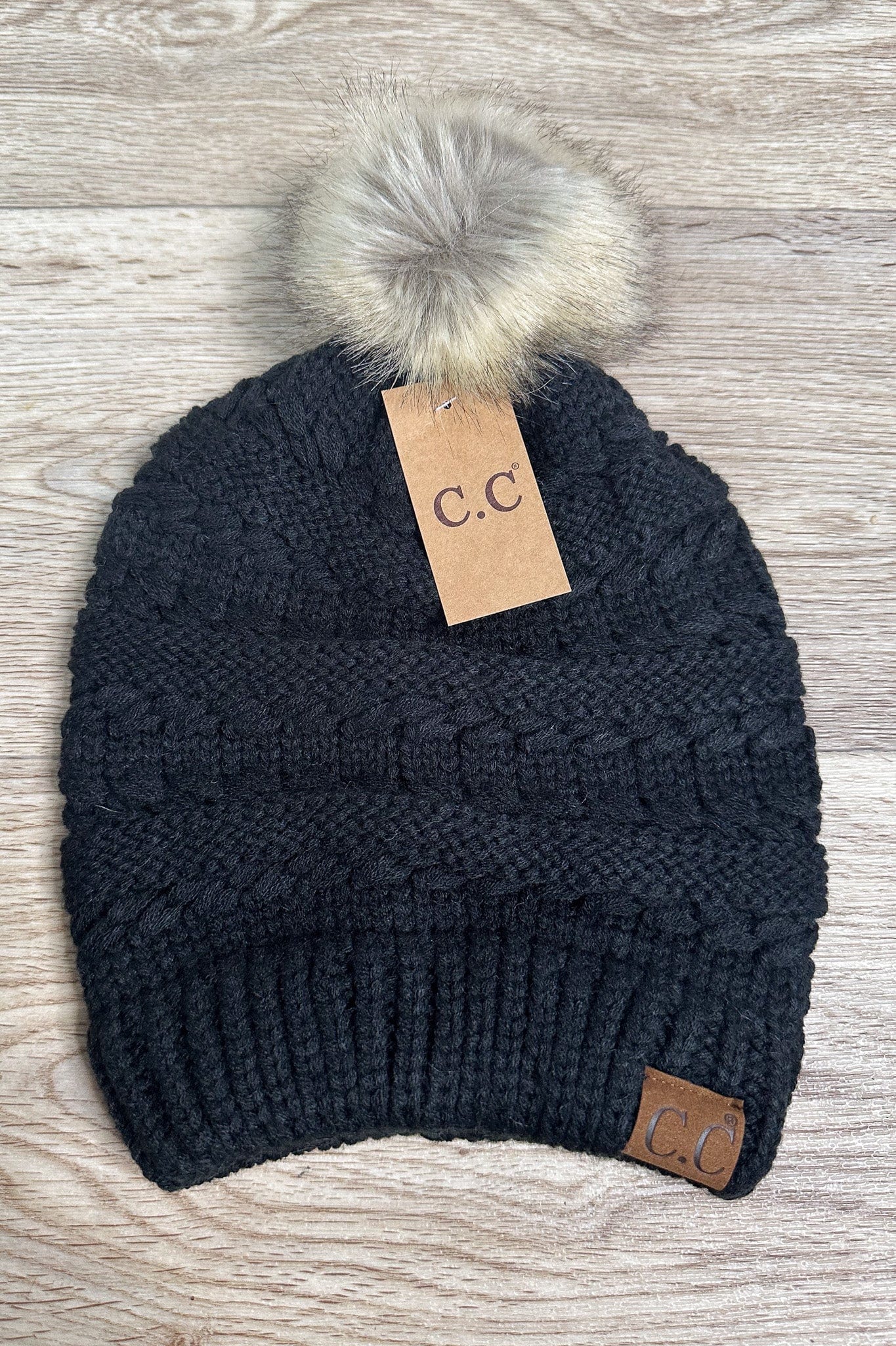 Whipstitch Knit Faux Fur Pom Beanie - Black