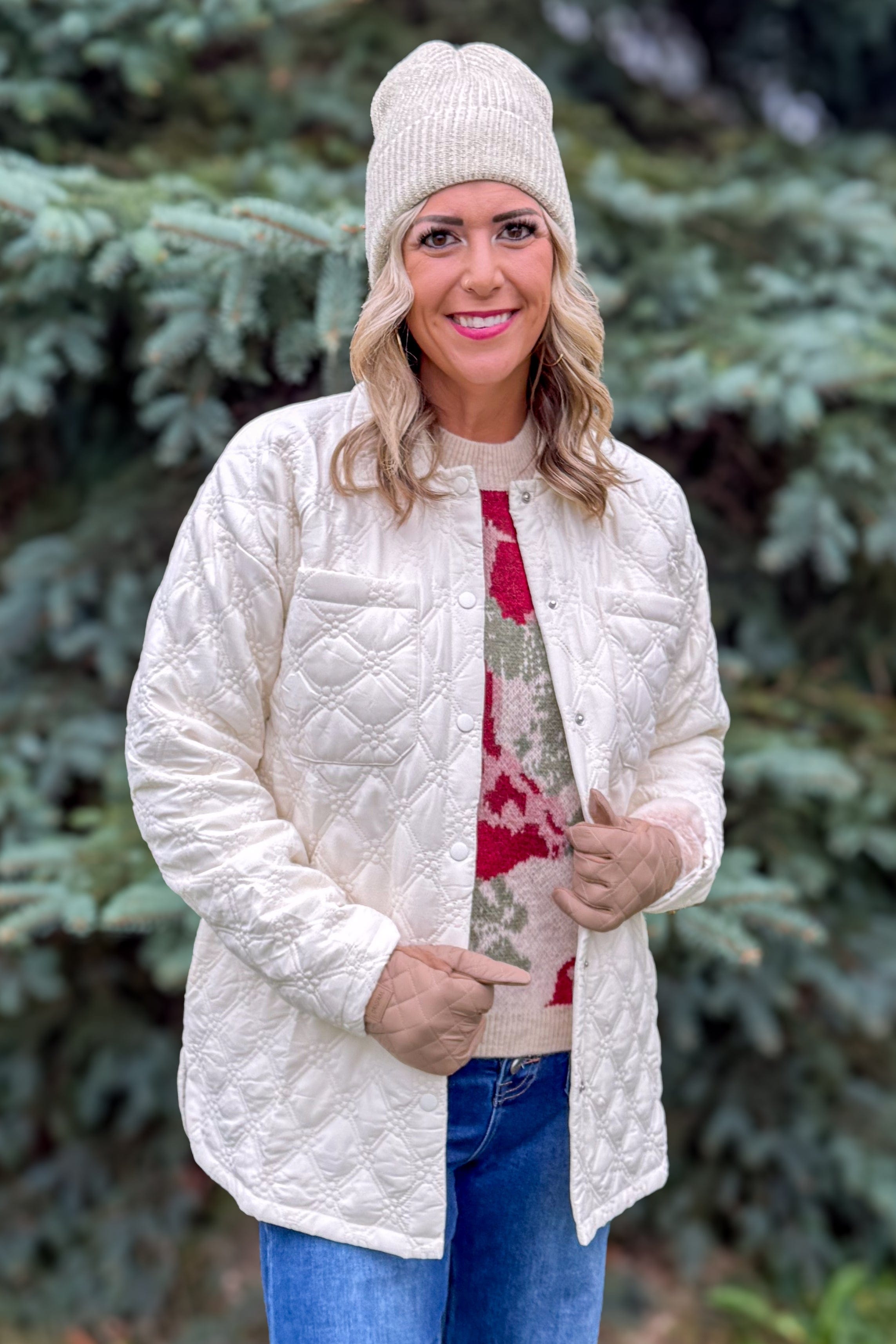 Cream Quilted Floral Snap Up Jacket