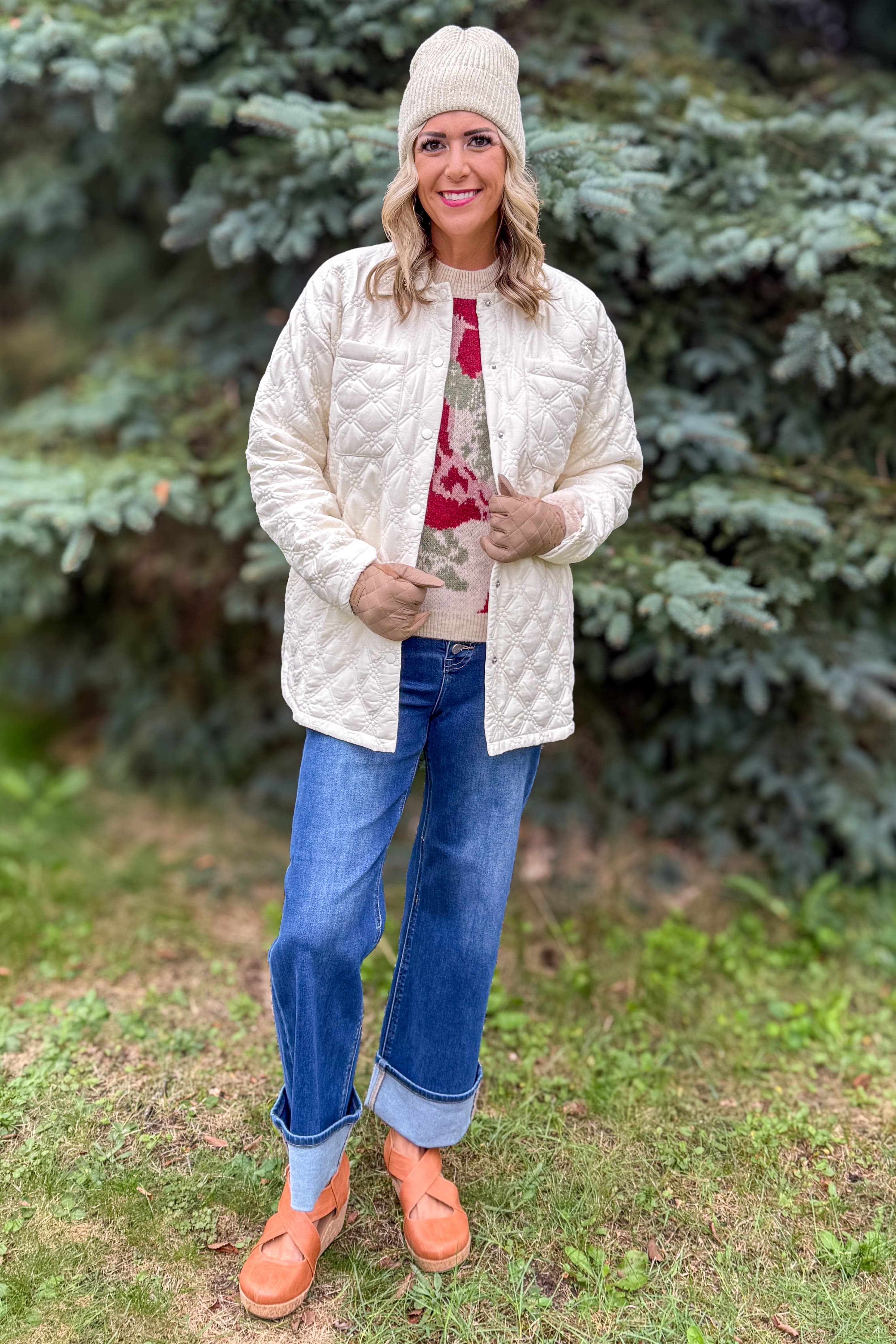 Cream Quilted Floral Snap Up Jacket