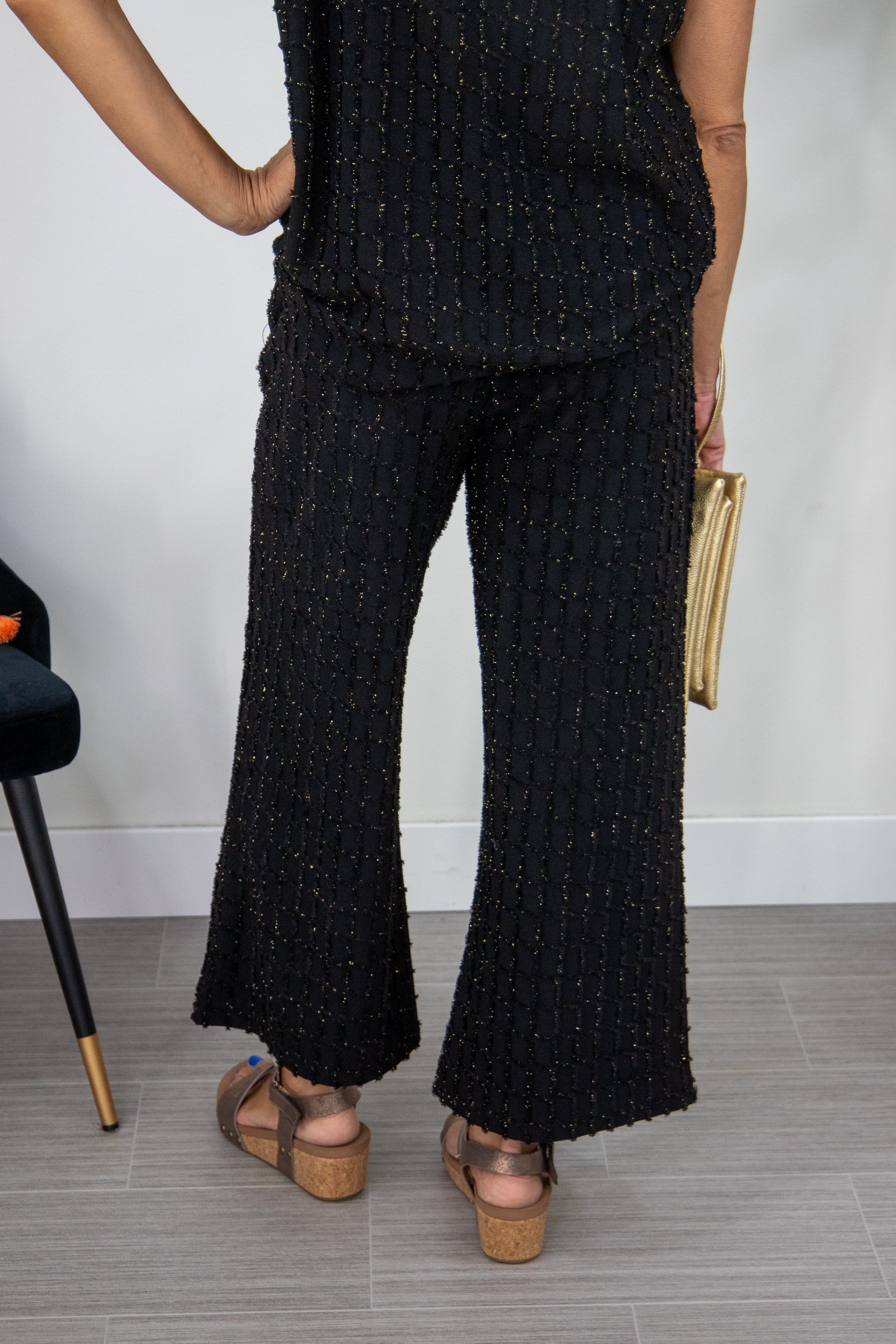 Black Glitter Textured Cropped Pants Back