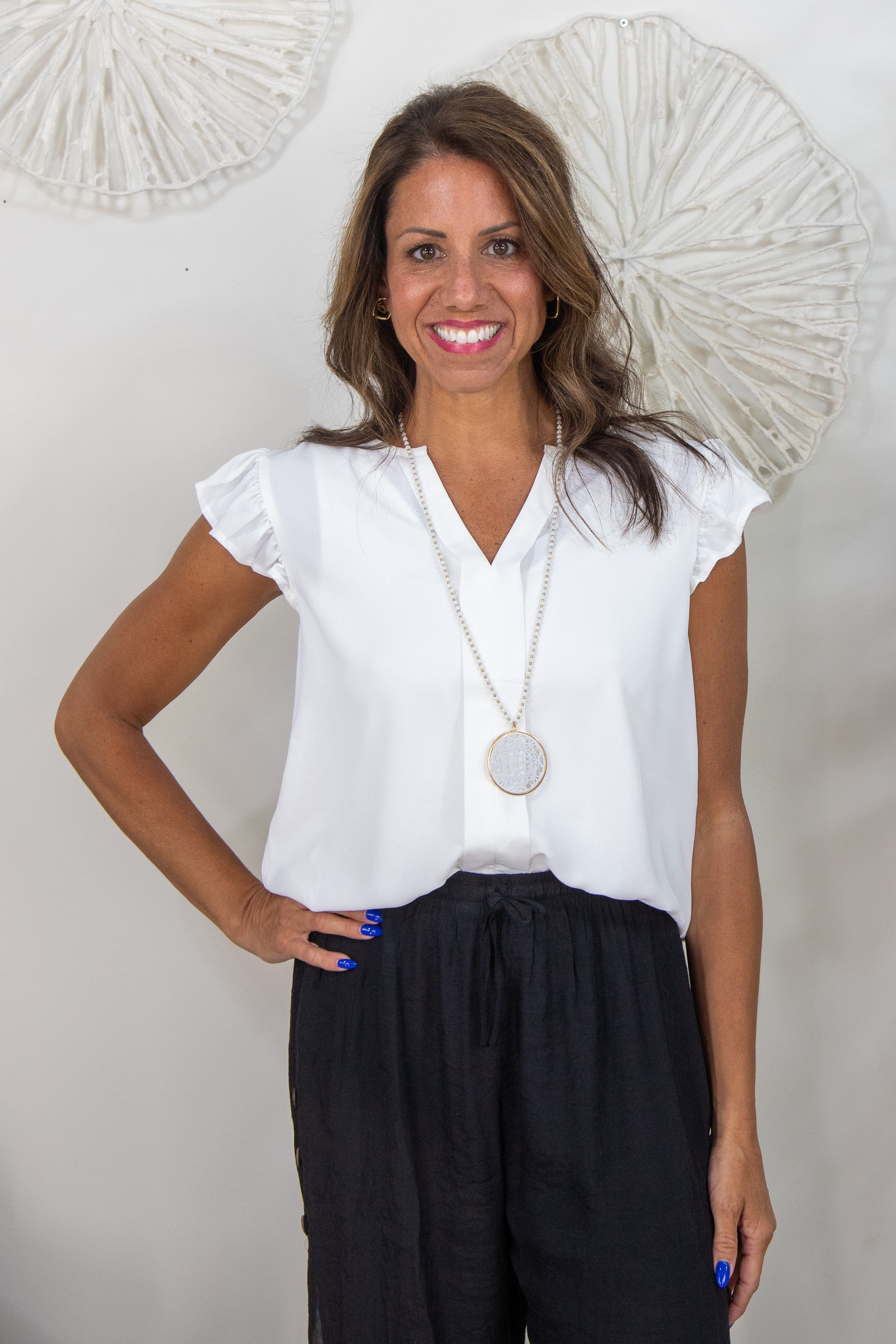 White Vertical Split Ruffle Sleeve Top
