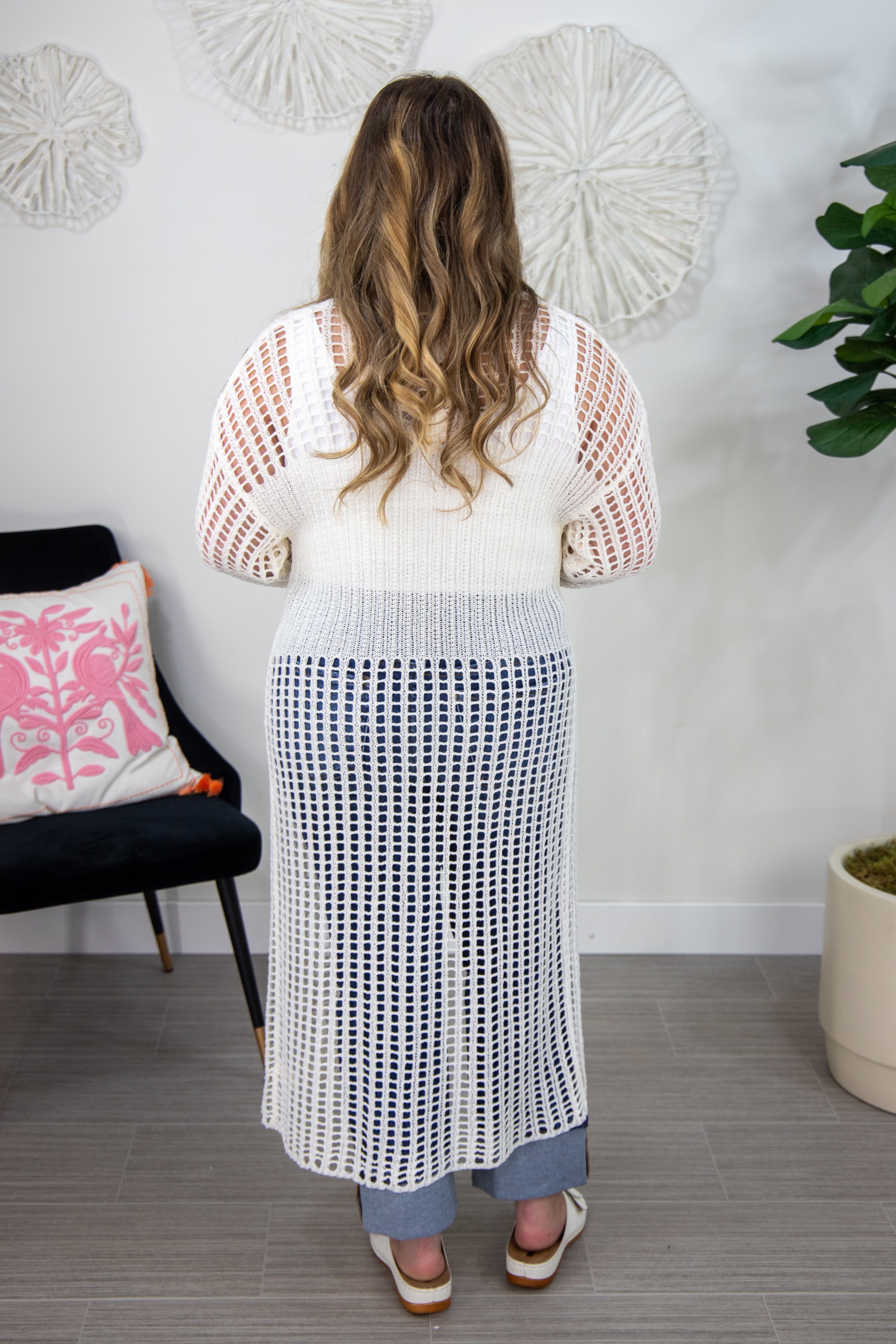 Ivory Crochet Long Cardigan Back