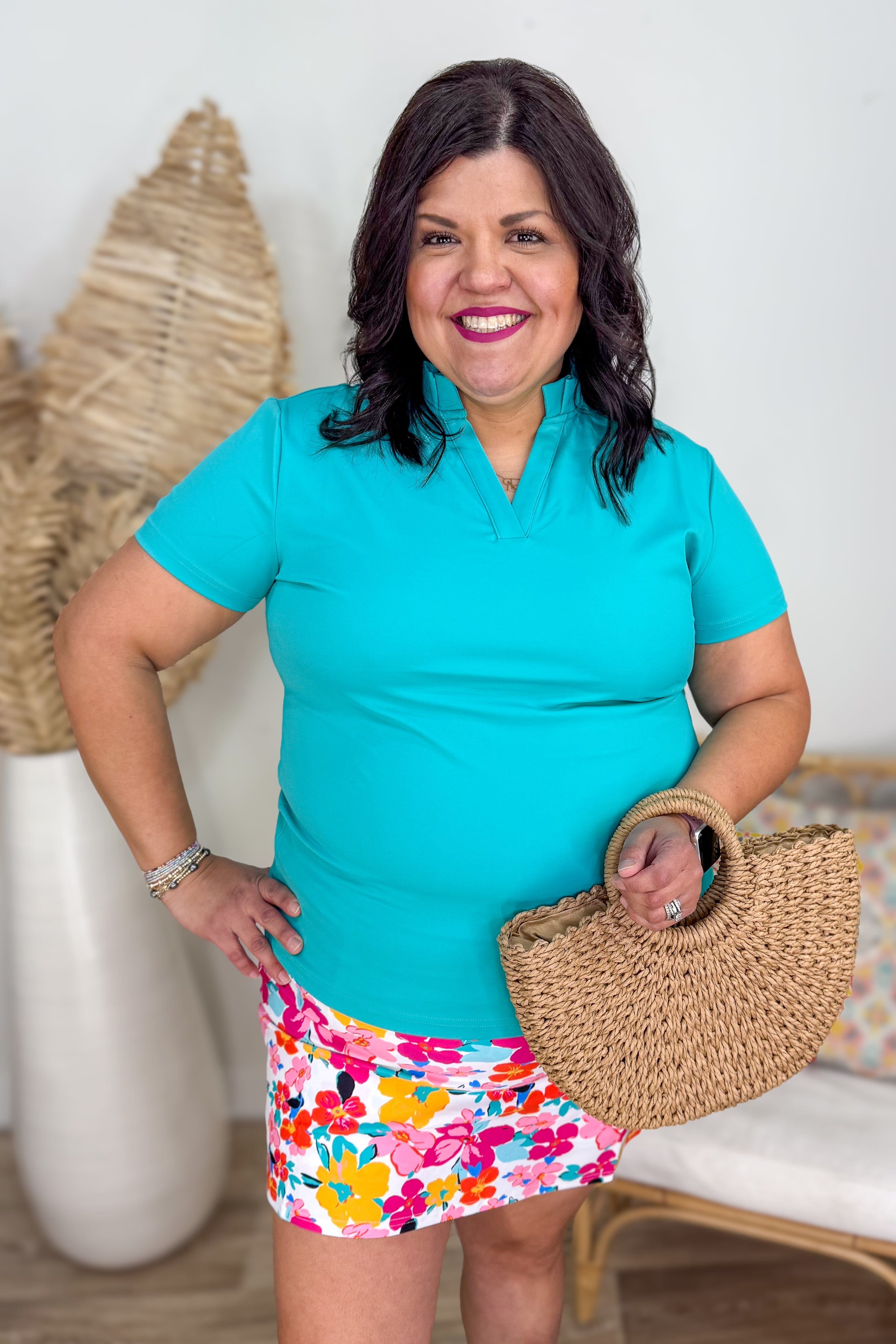 Teal Charlotte Pleated Collar Polo Top