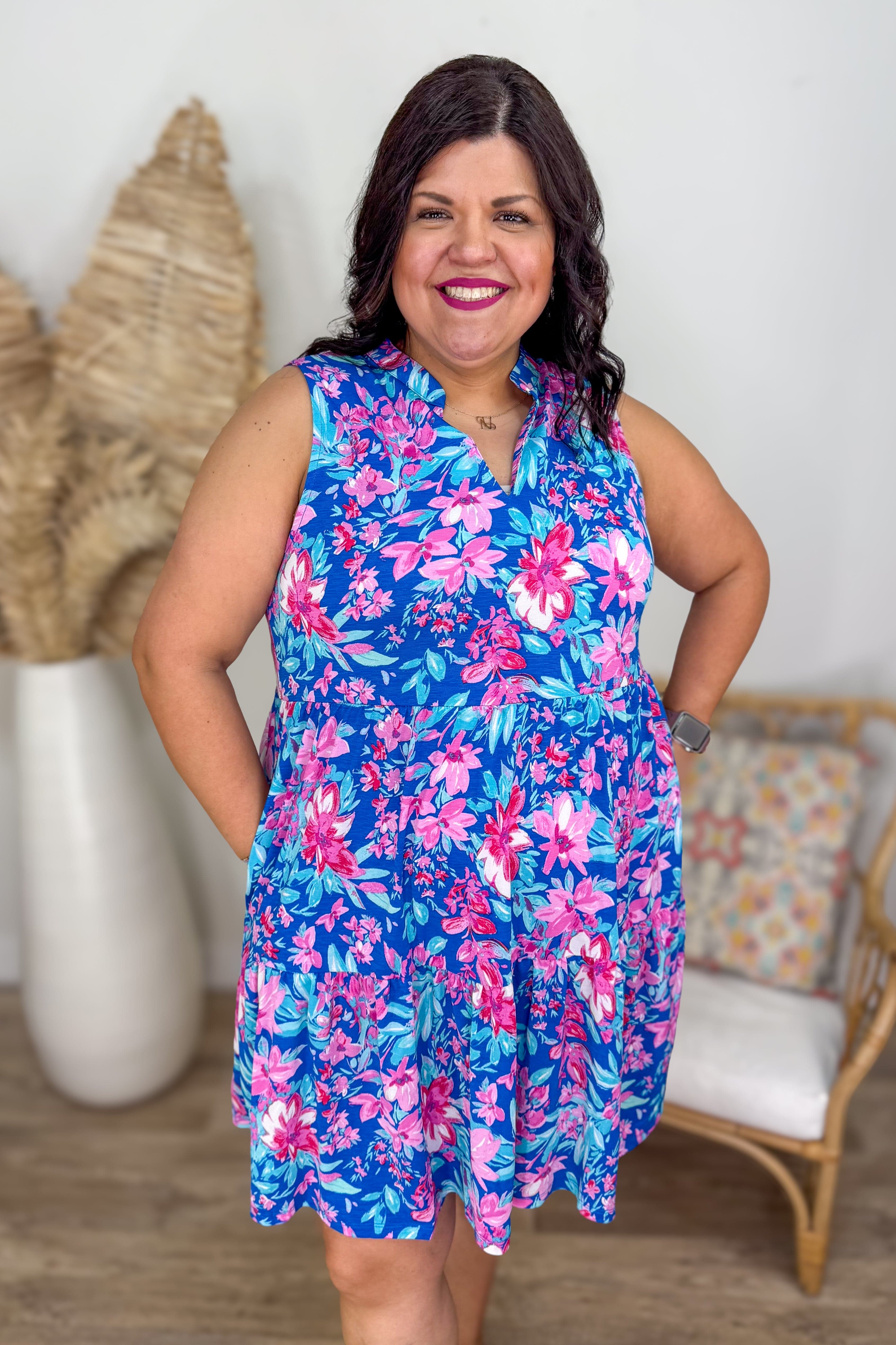 Blue With Pink Floral Tiered Dress