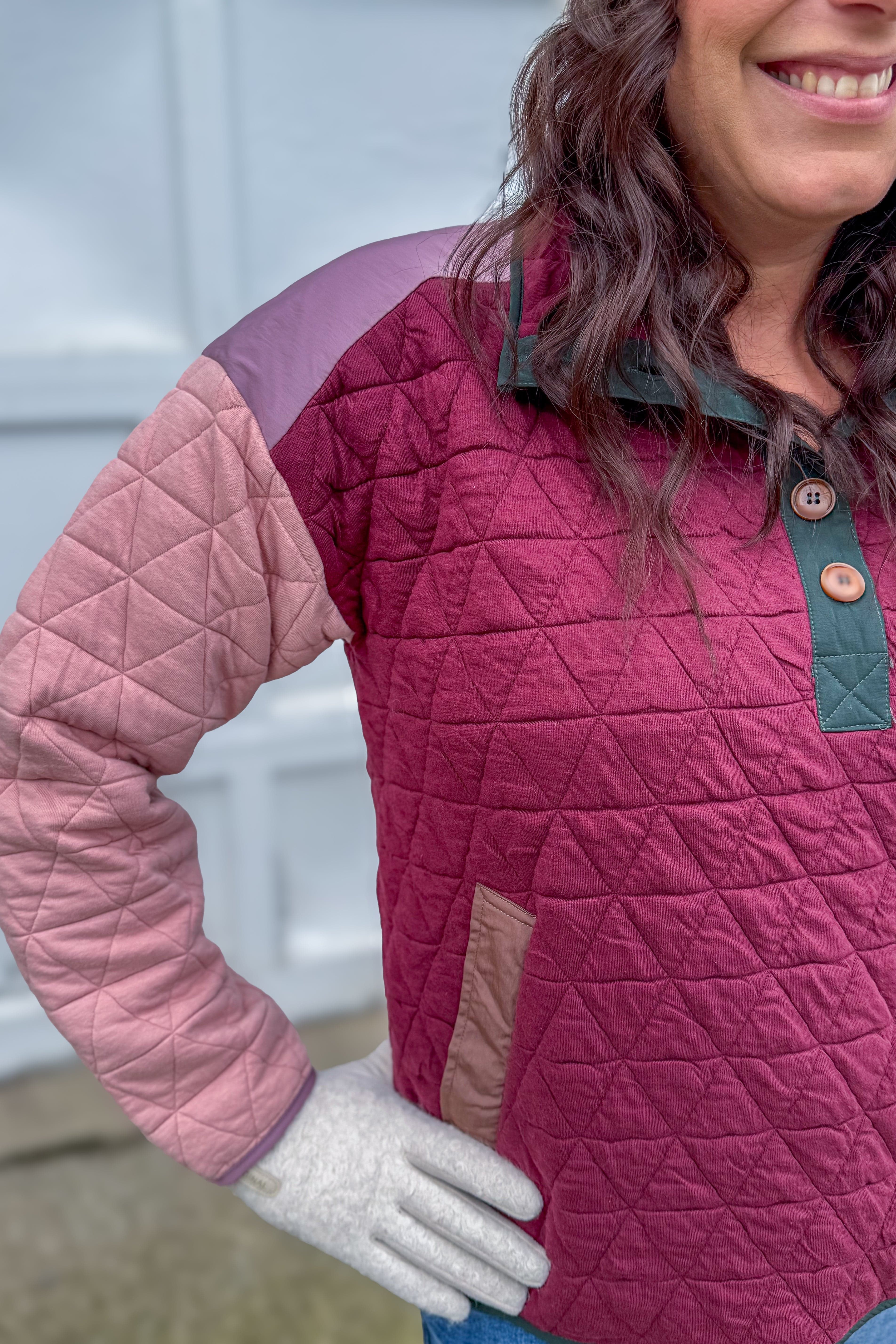 Burgundy & Pink Color Blocked Quilted Sweatshirt Detailed