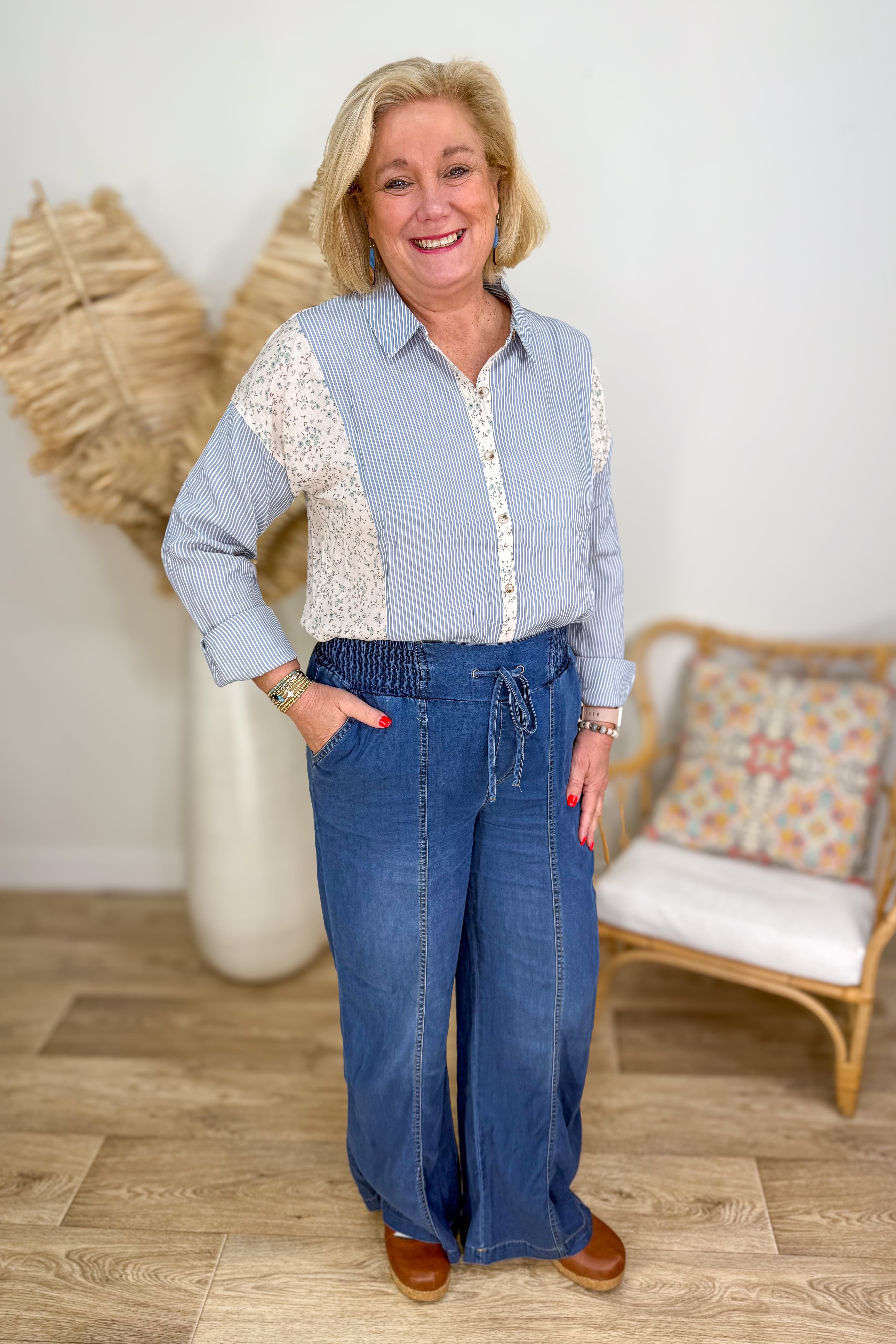 Soft Denim Stripe Mix Button Down Shirt