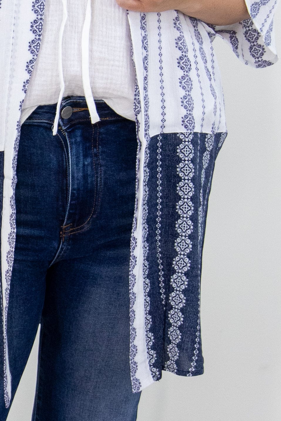 White & Navy Print Open Kimono Details