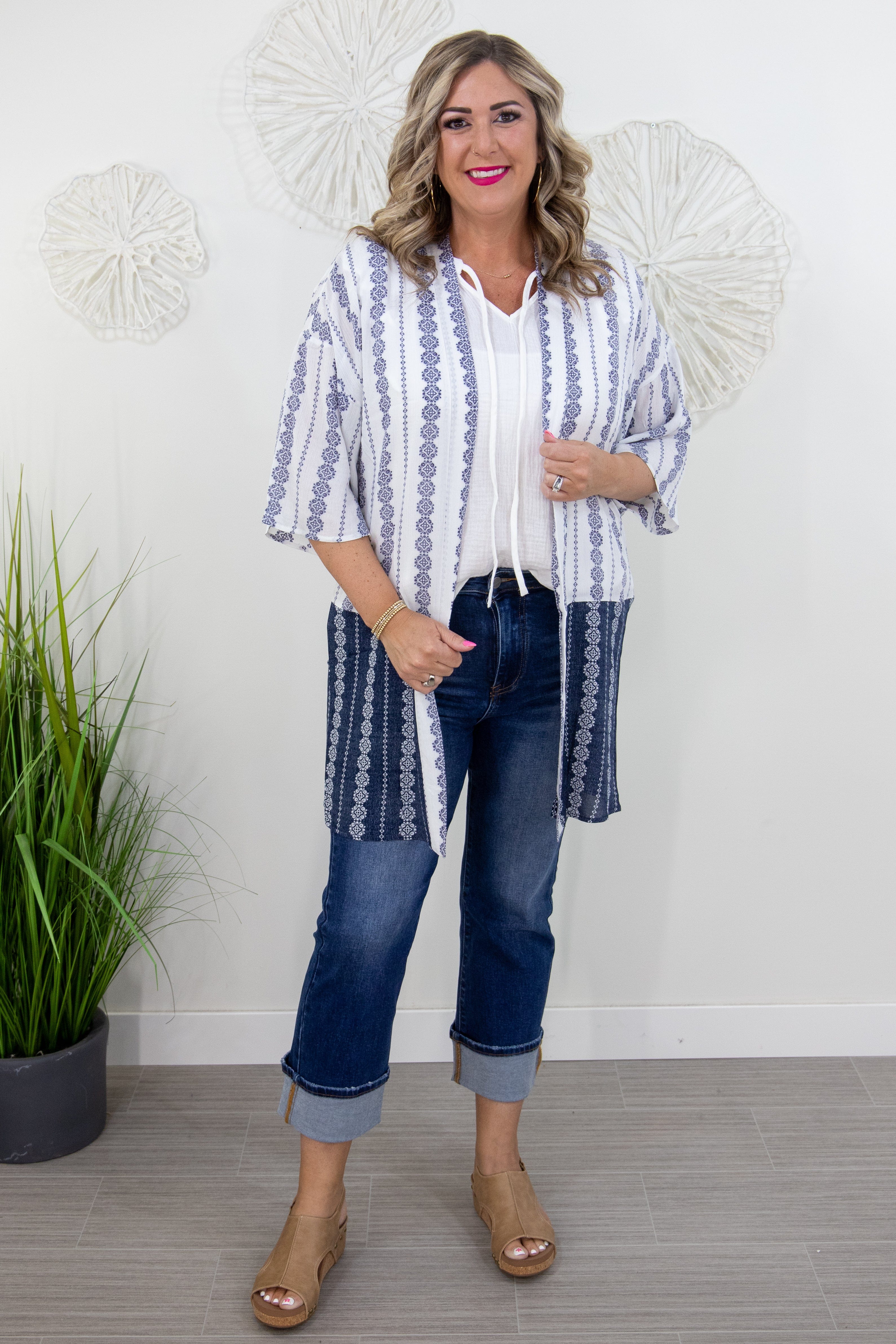 White & Navy Print Open Kimono Styled