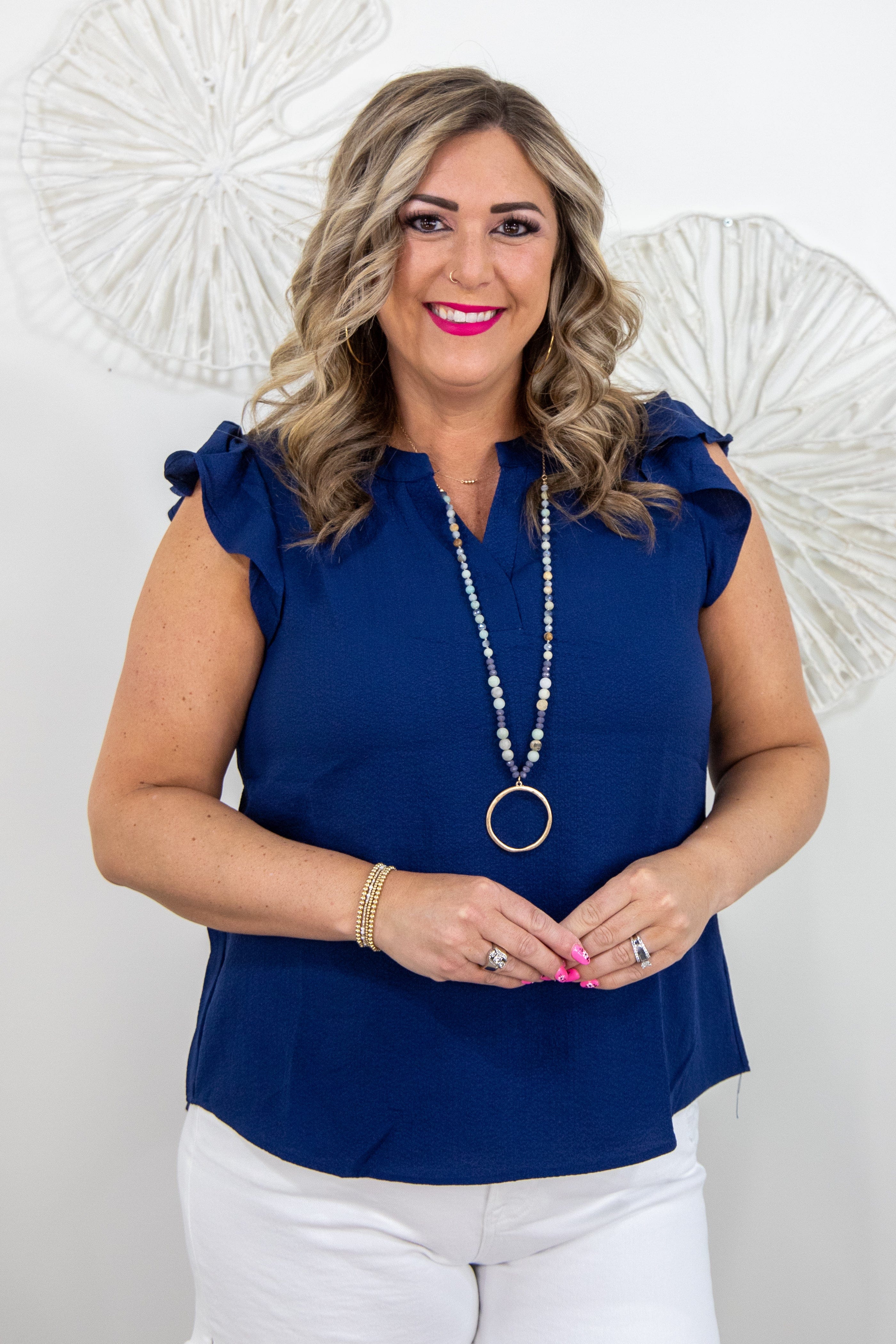 Navy Ruffle Sleeve Blouse