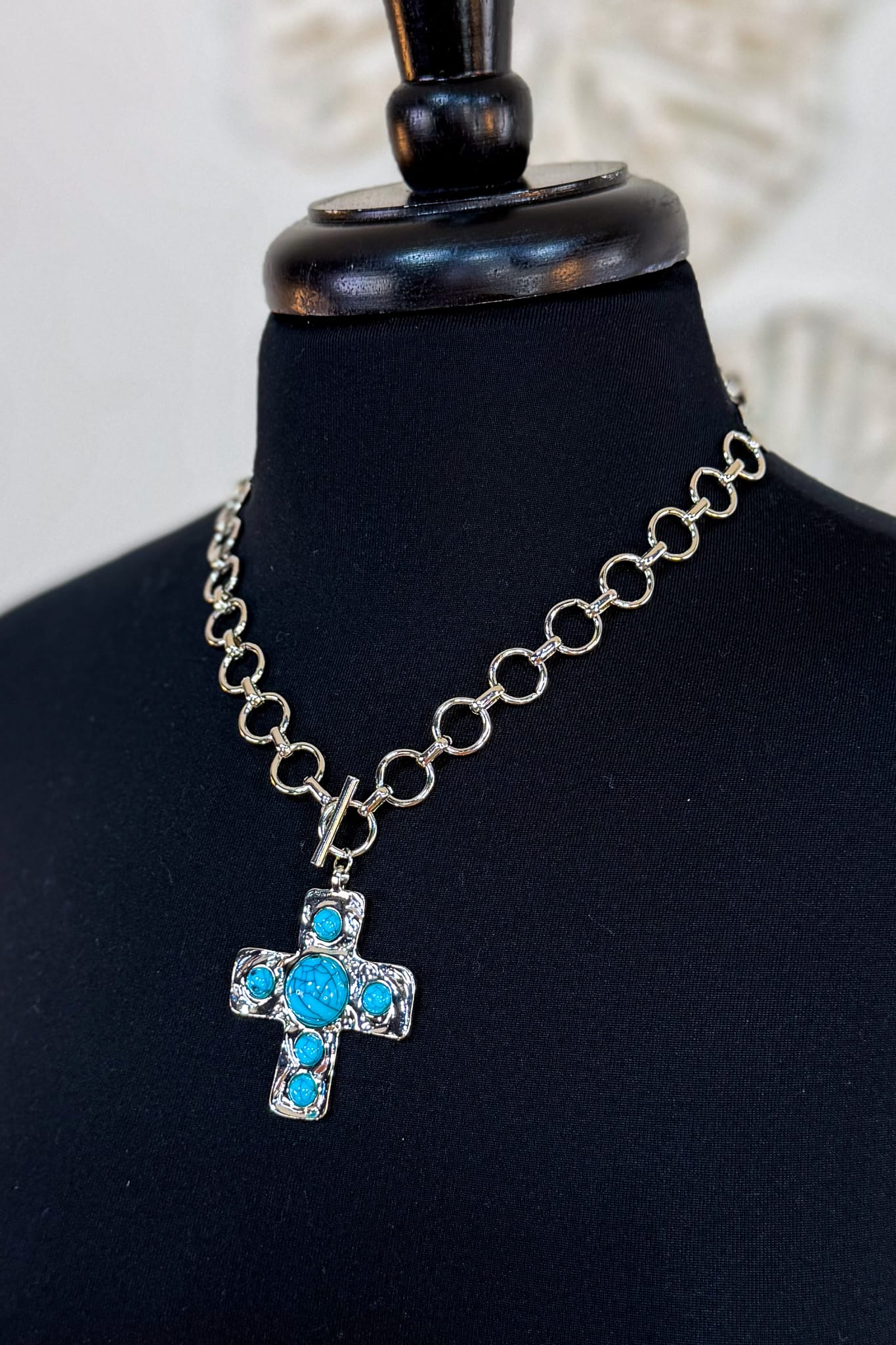 Silver Hammered Turquoise Stone Cross Toggle Necklace