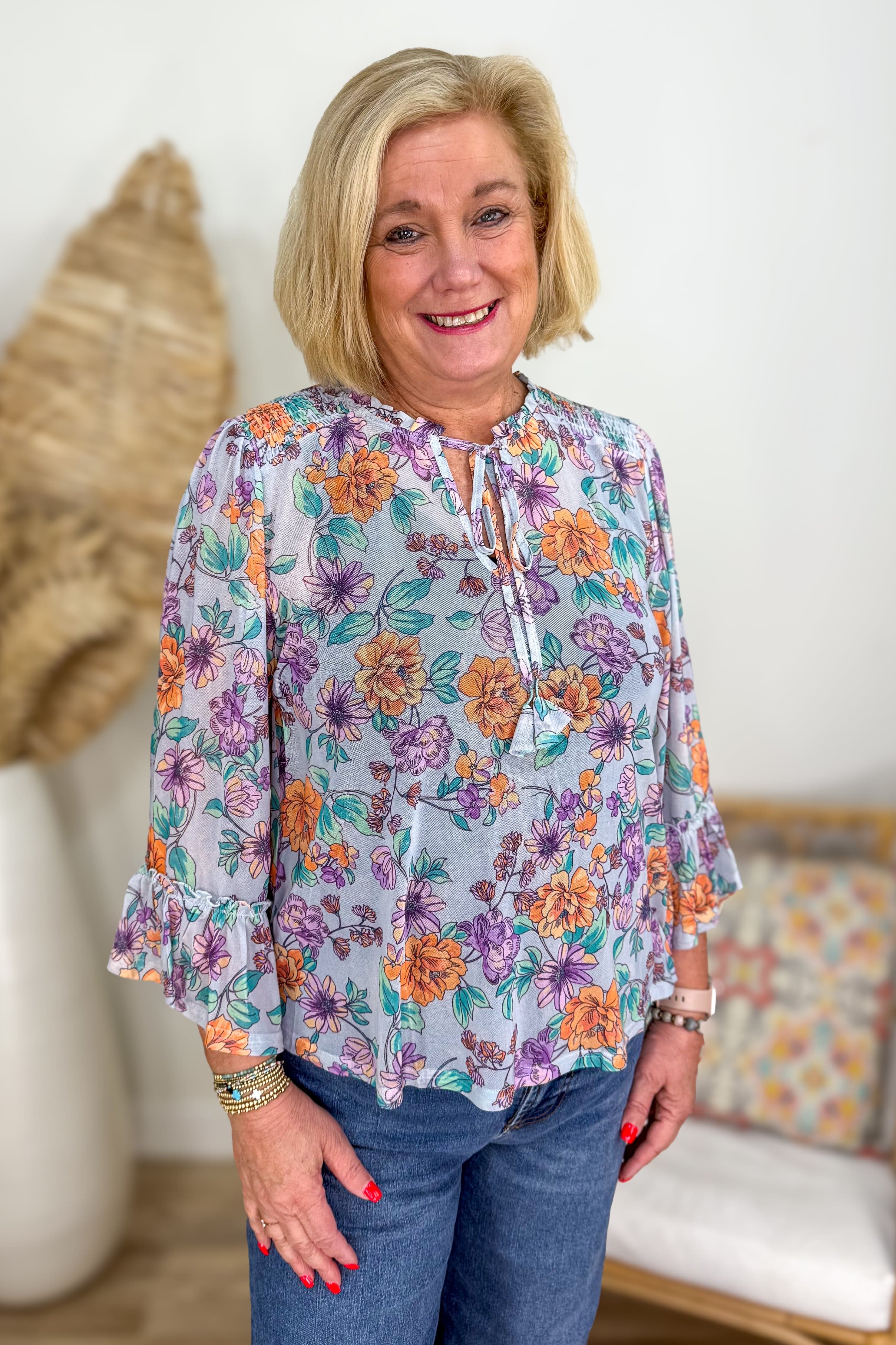Seafoam & Floral Ruffle Sleeve Blouse