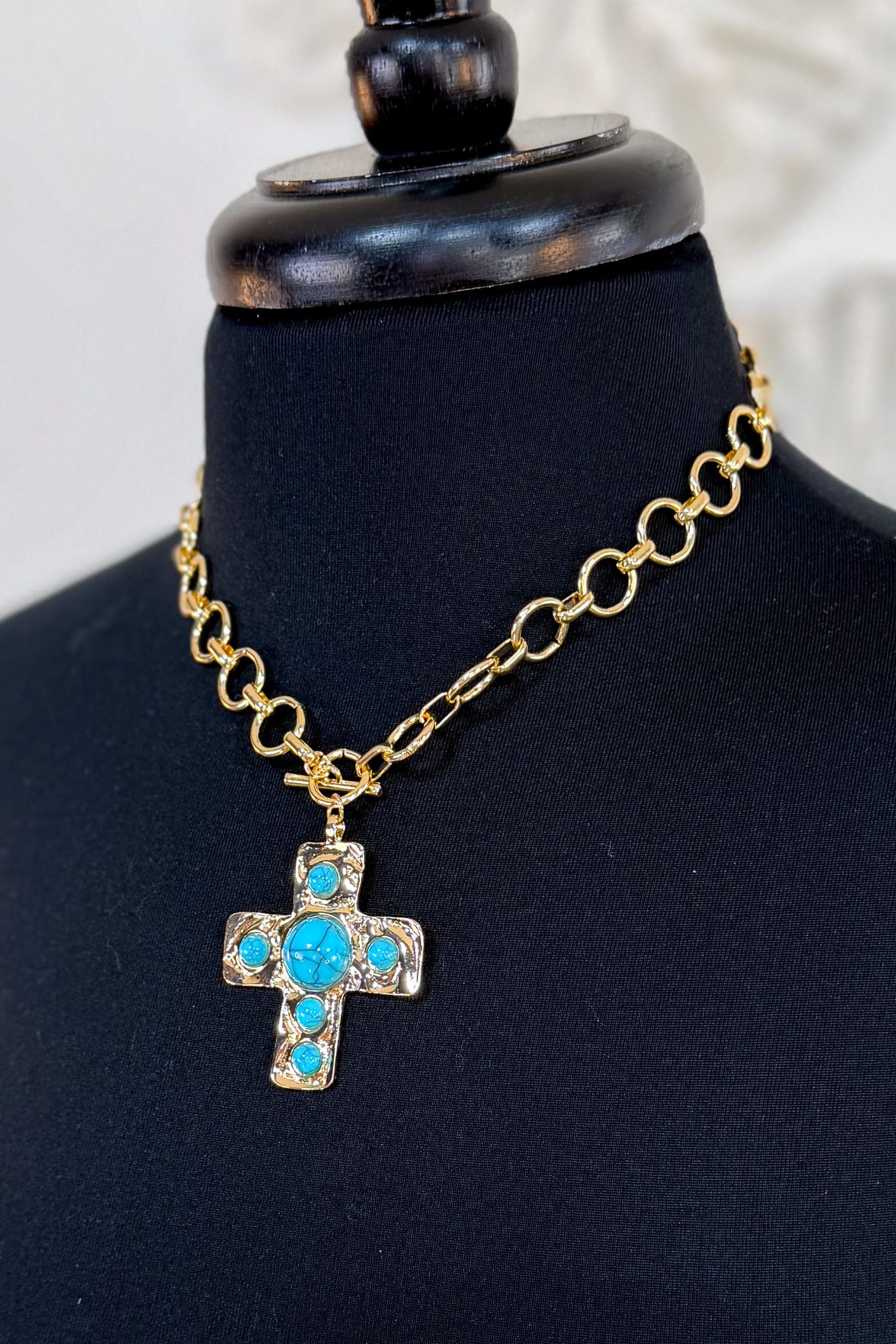 Gold Hammered Turquoise Stone Cross Toggle Necklace