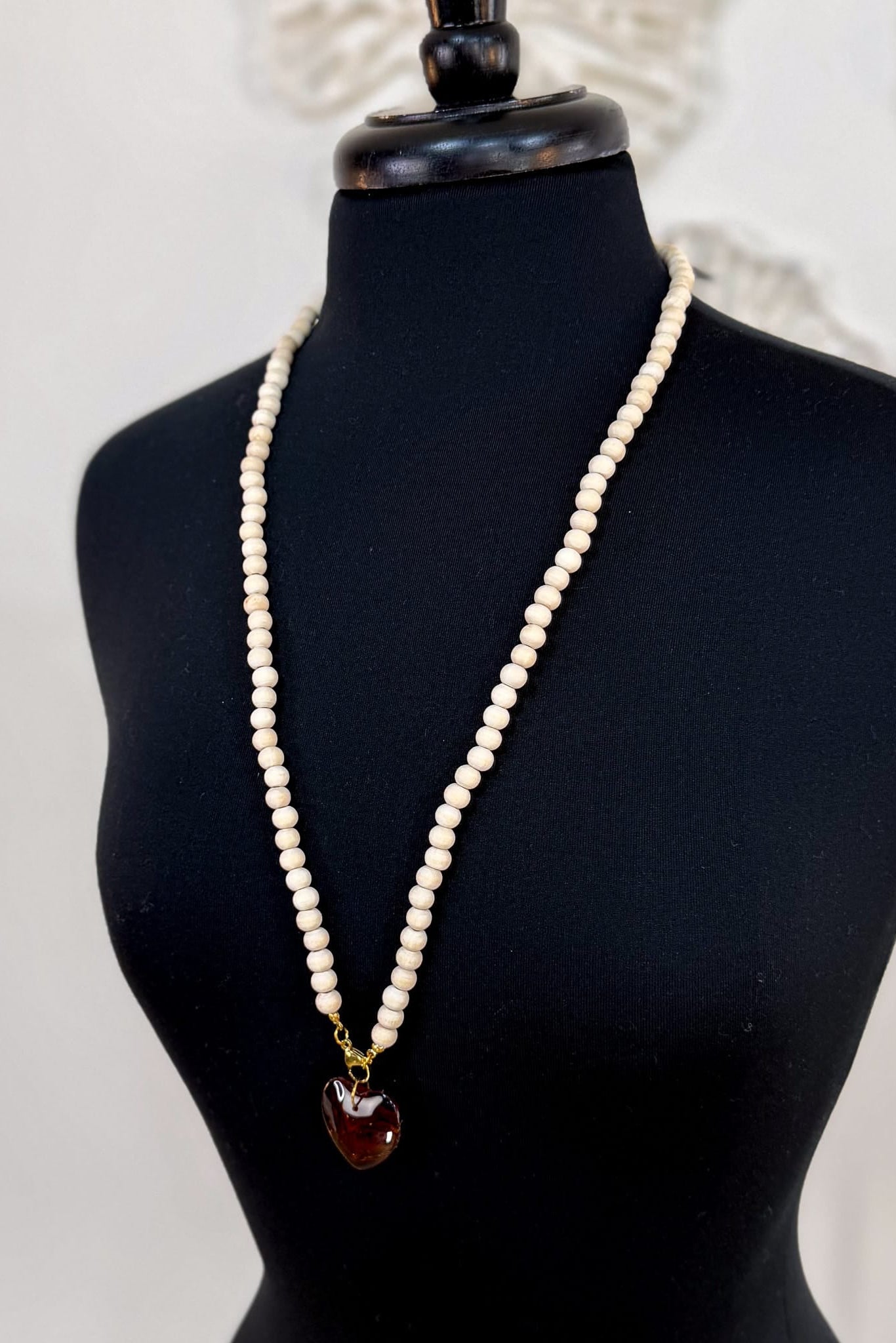 Heart Pendant Wood Beaded Necklace