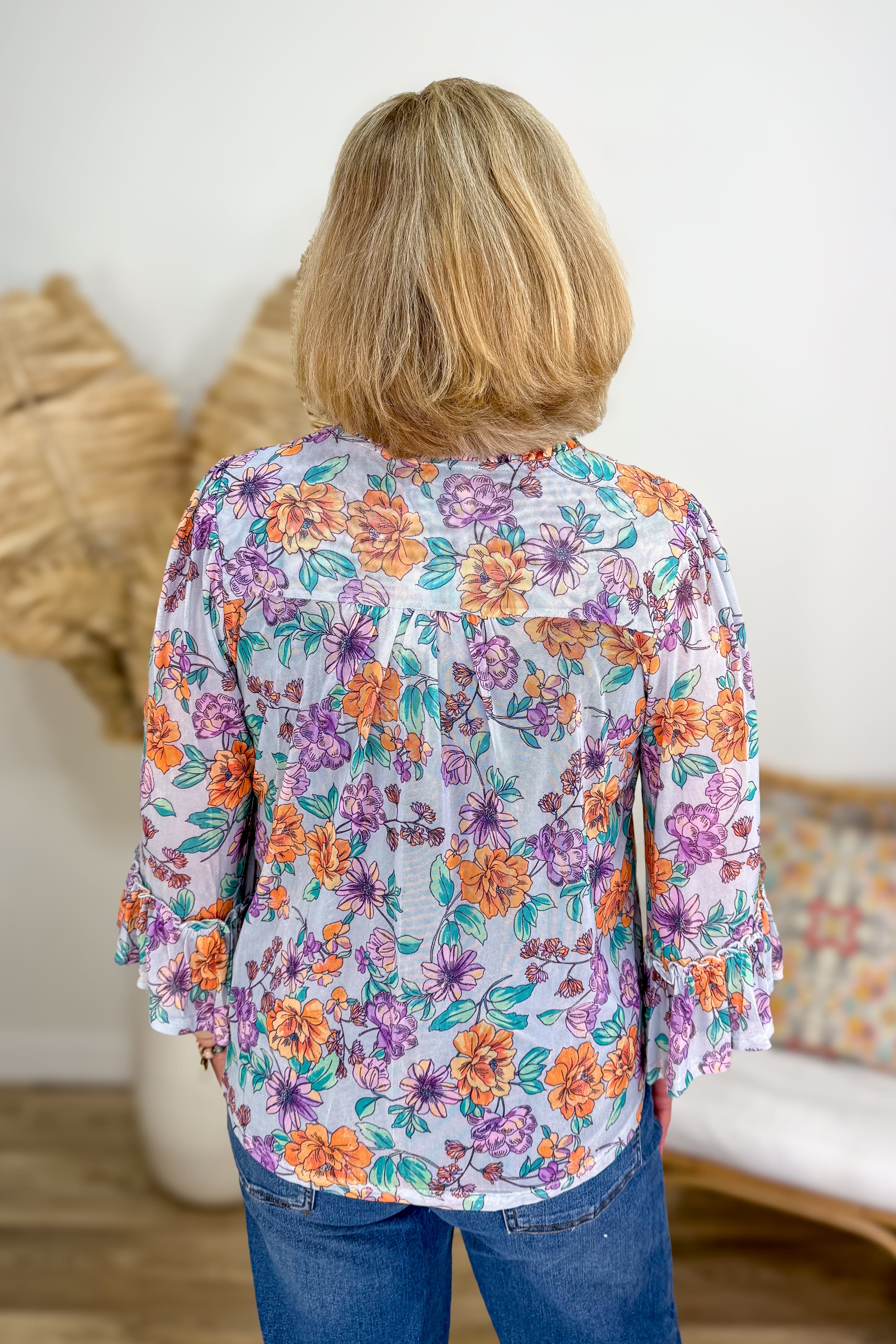 Seafoam & Floral Ruffle Sleeve Blouse