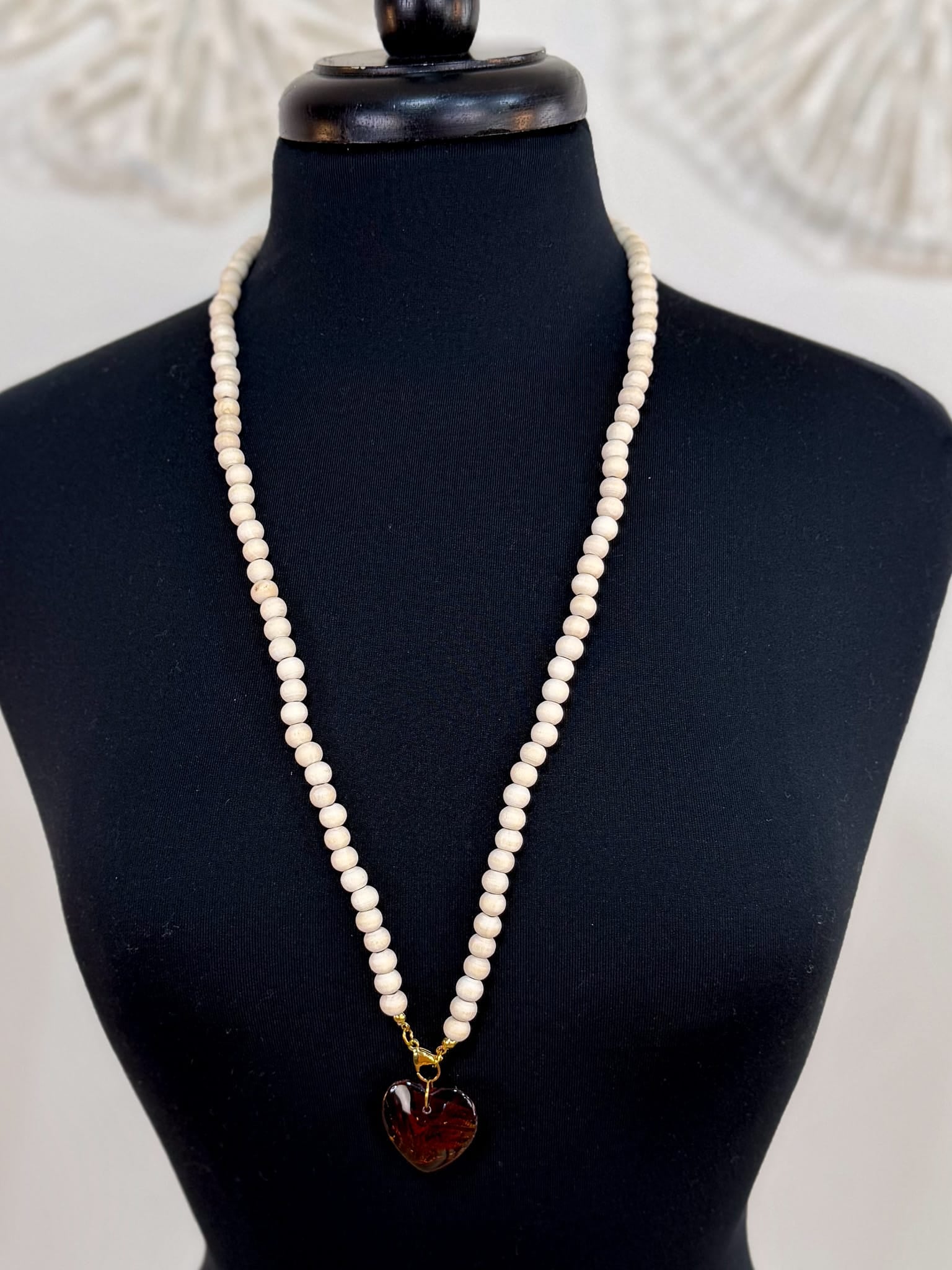 Heart Pendant Wood Beaded Necklace