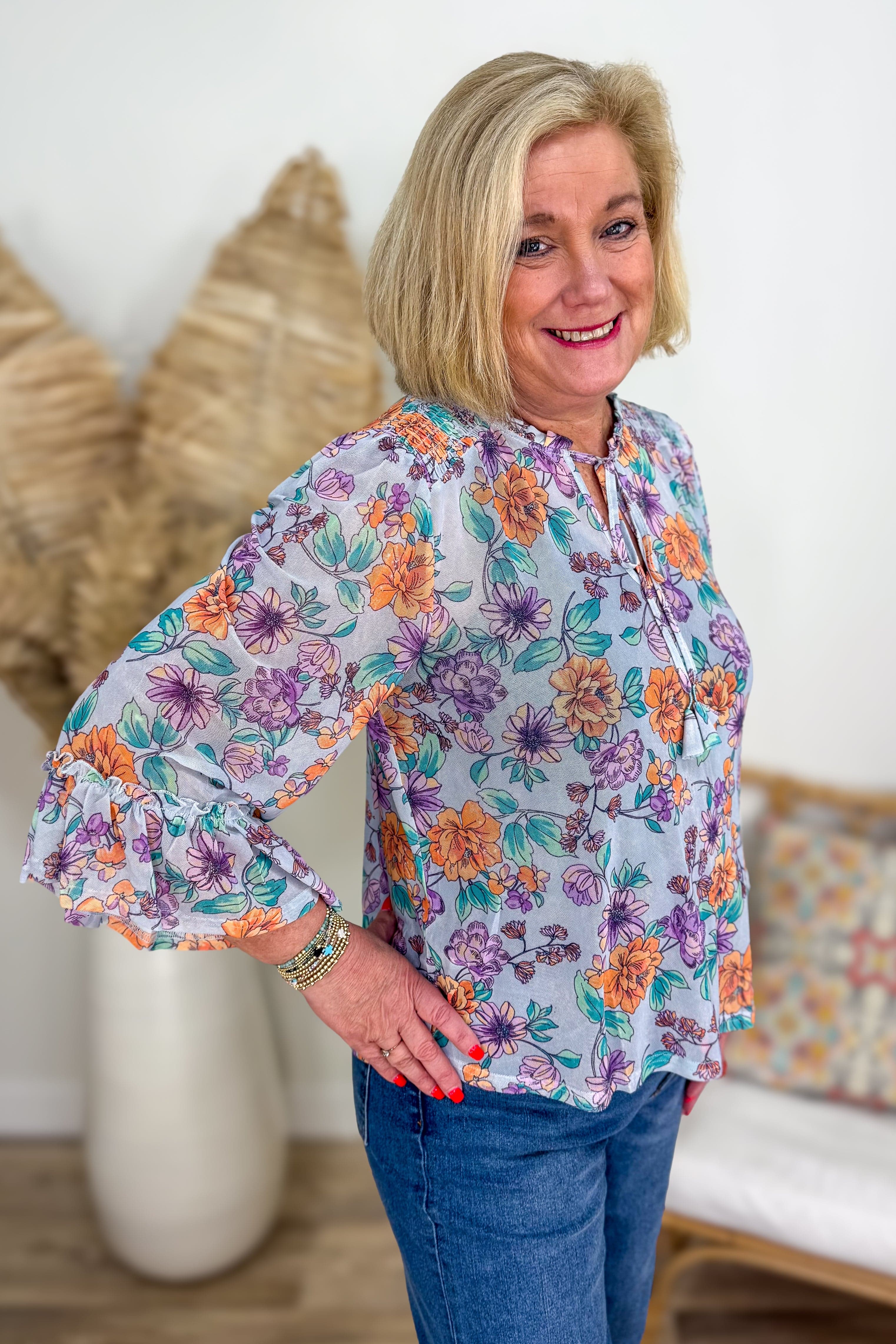 Seafoam & Floral Ruffle Sleeve Blouse