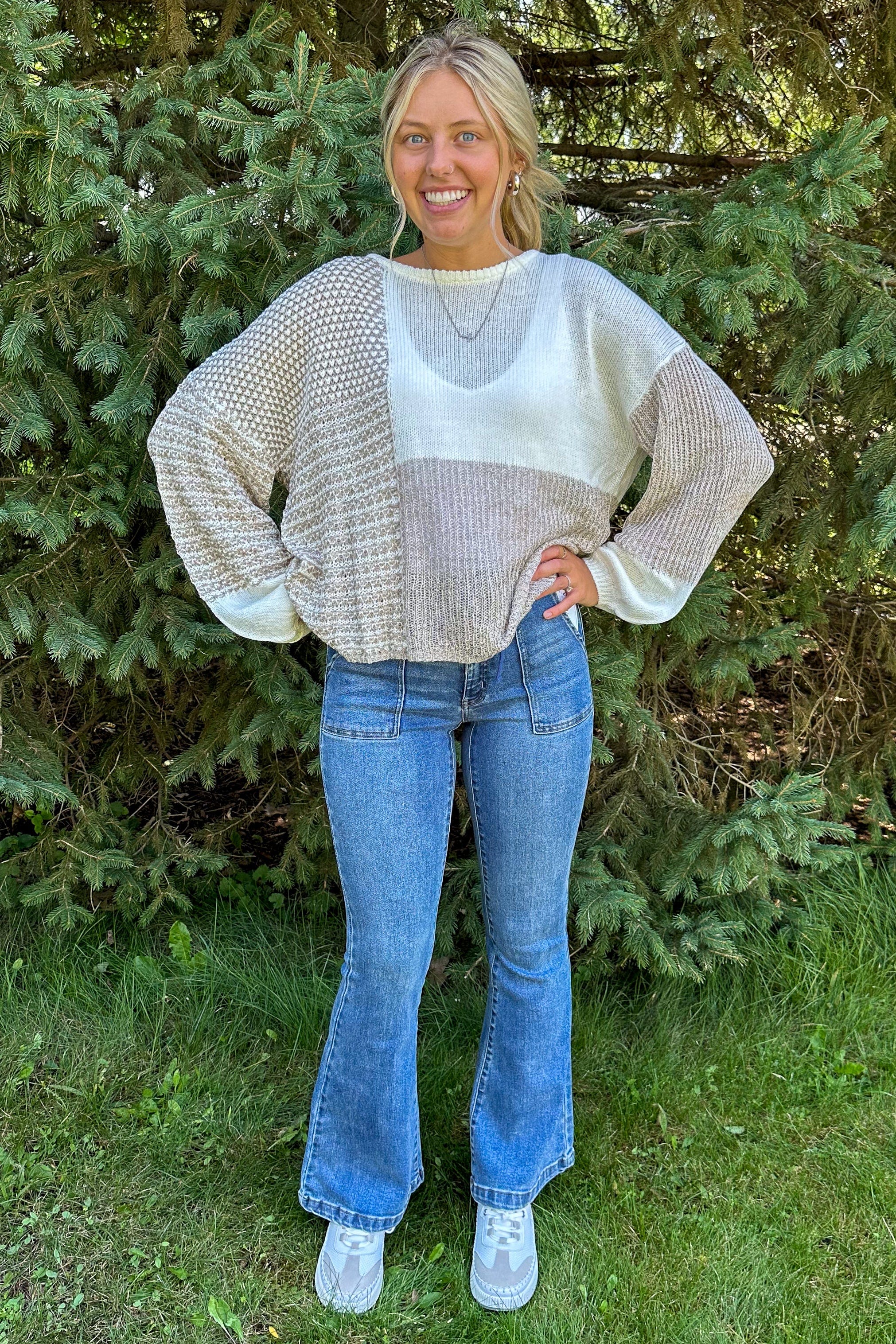 Cream Colorblock Sweater styled