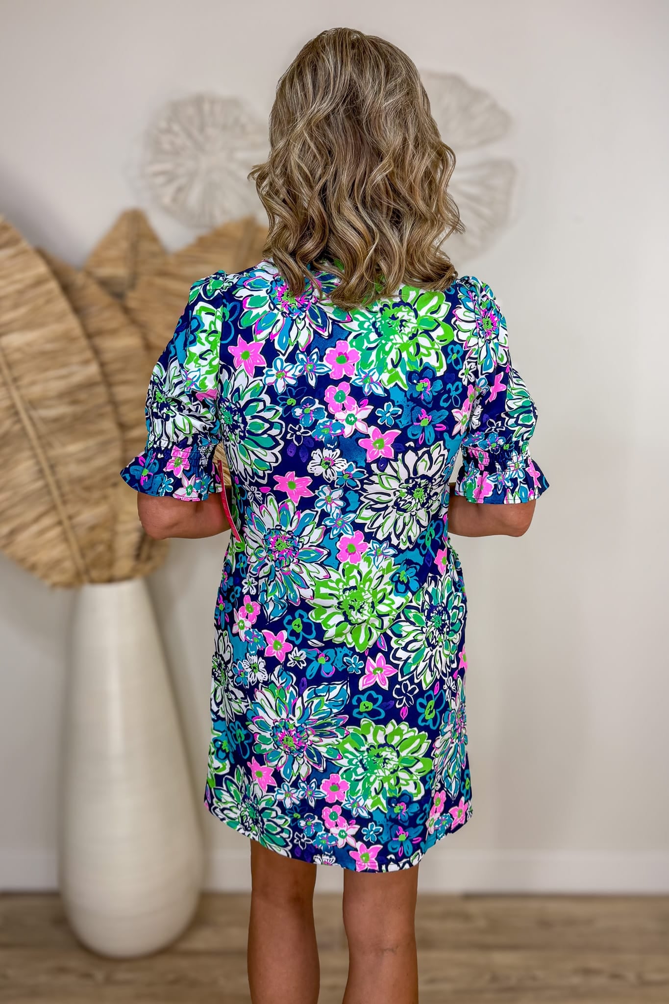 Navy Bright Floral Ruffle Sleeve Dress Back