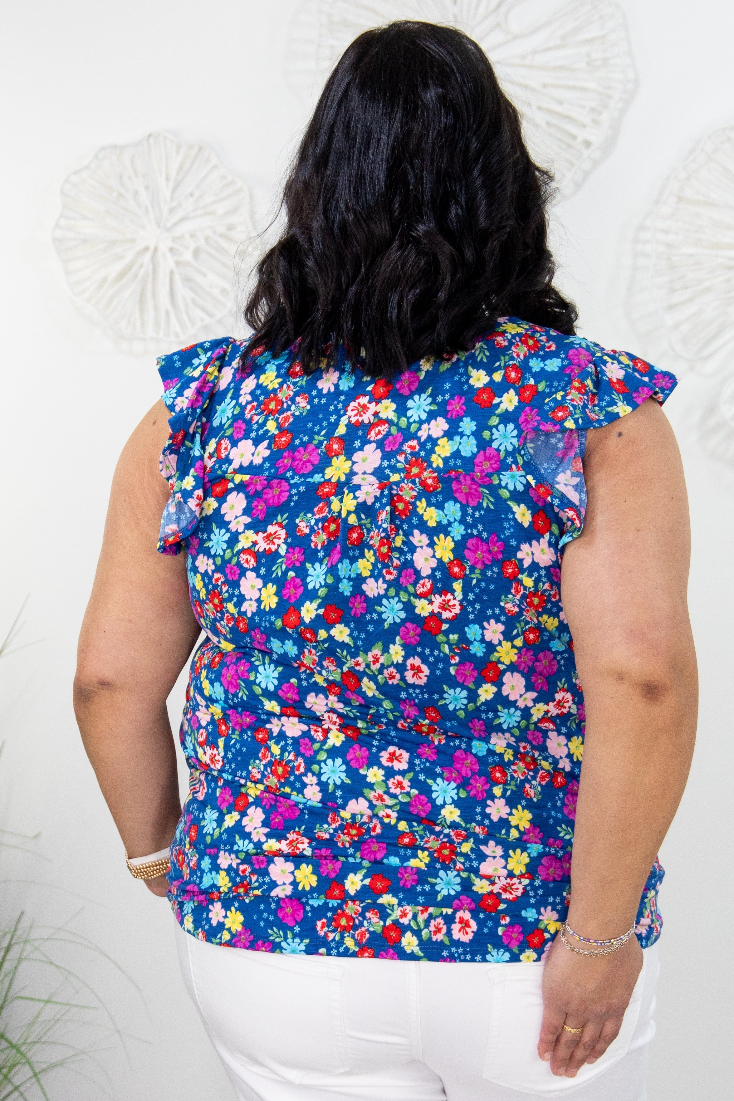 Blue Ditsy Floral Cap Ruffle Sleeve Top back