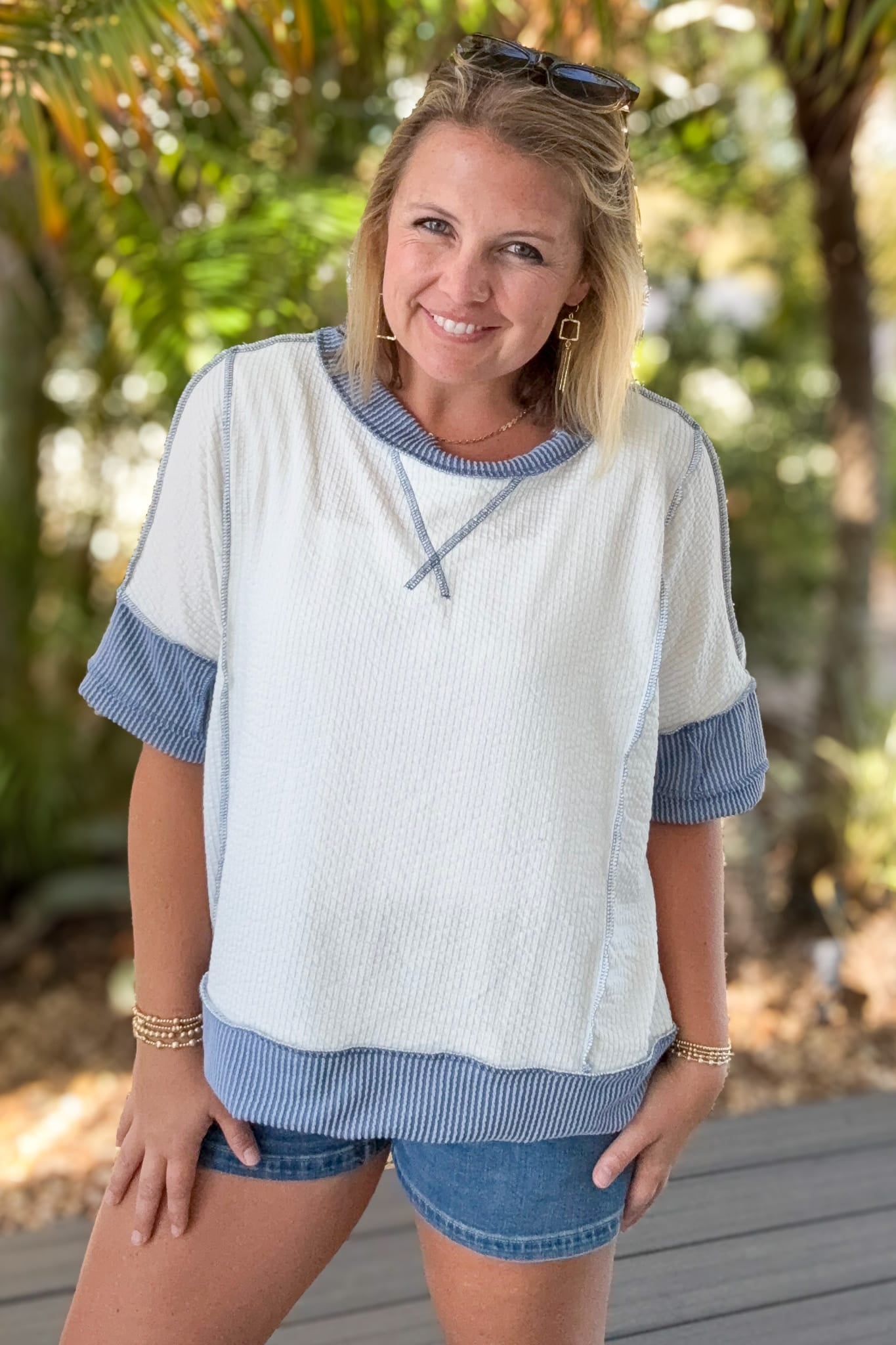 Ivory & Denim Embossed Rib Color block Top
