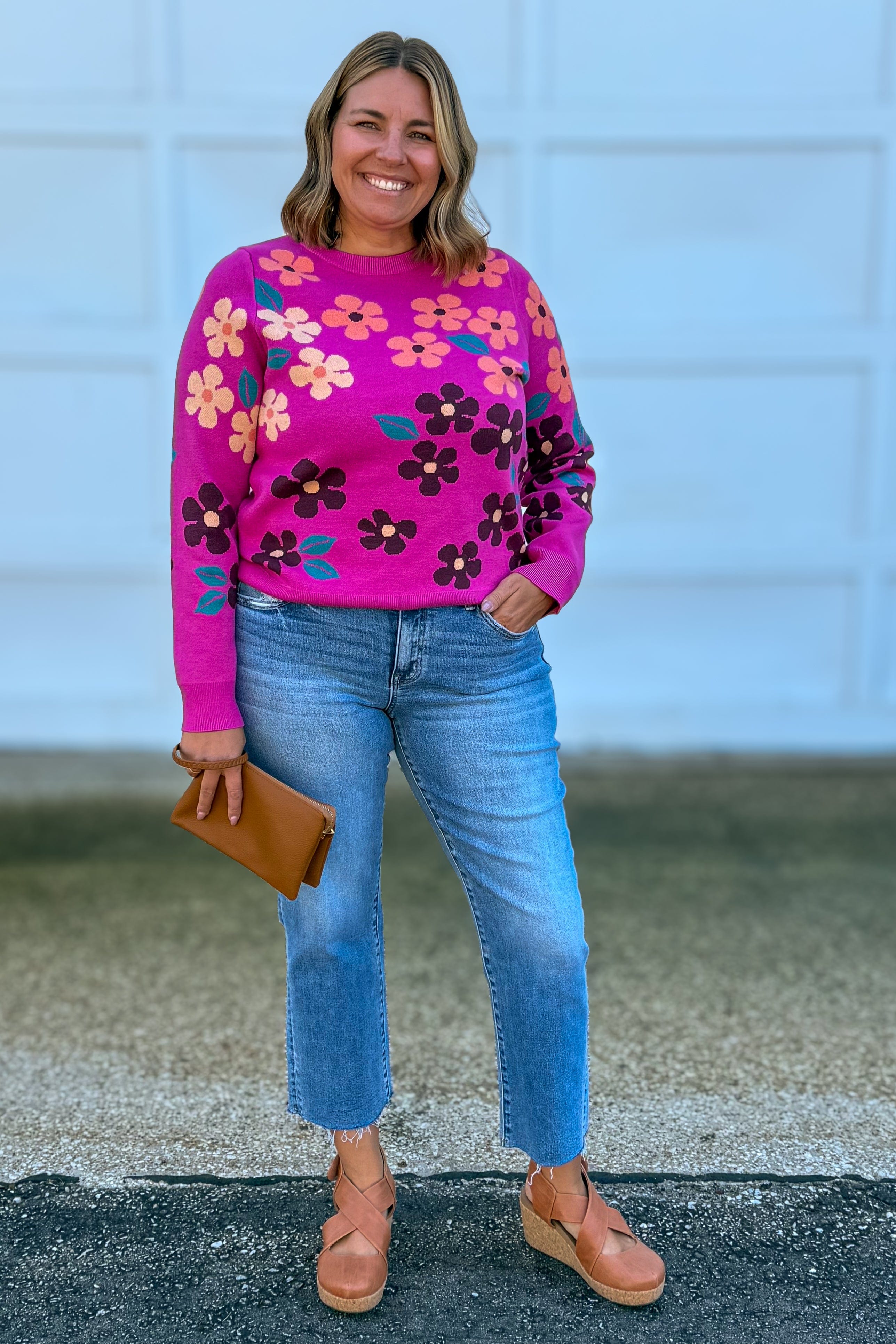 Magenta Floral Pop Sweater Styled