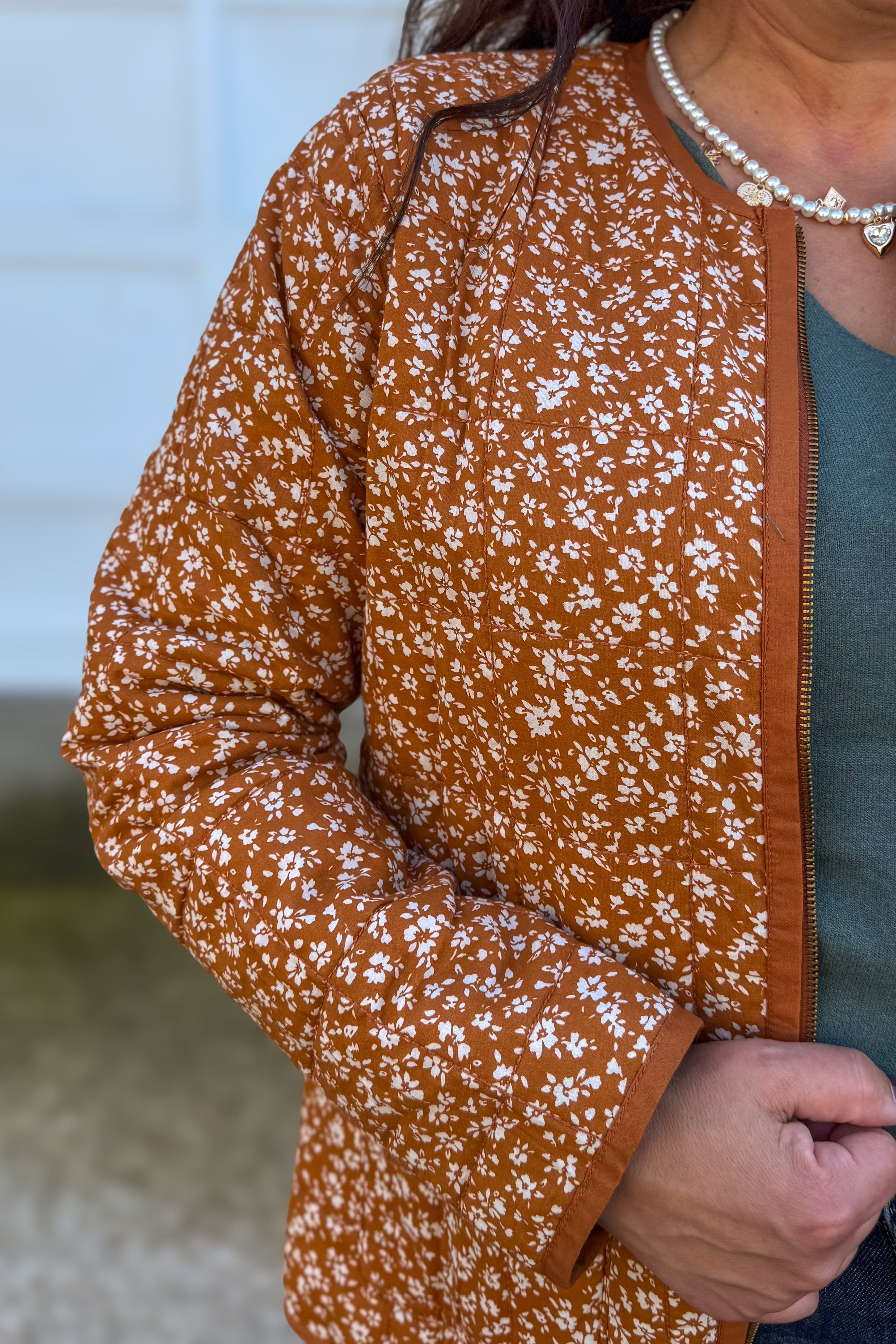 Green Floral Reversible Quilted Jacket Detailed