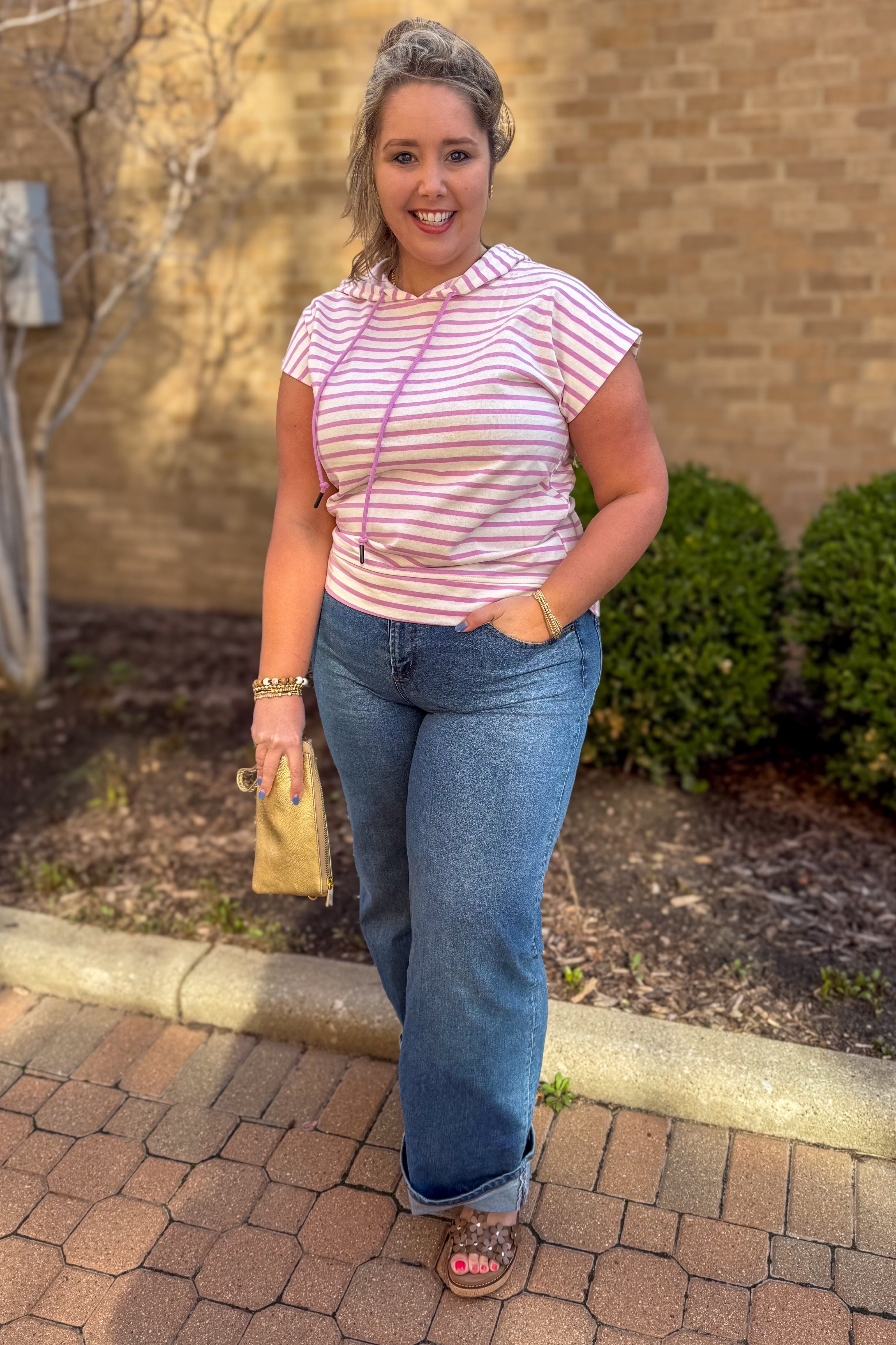 Lilac Stripe Sleeveless Hoodie Top styled