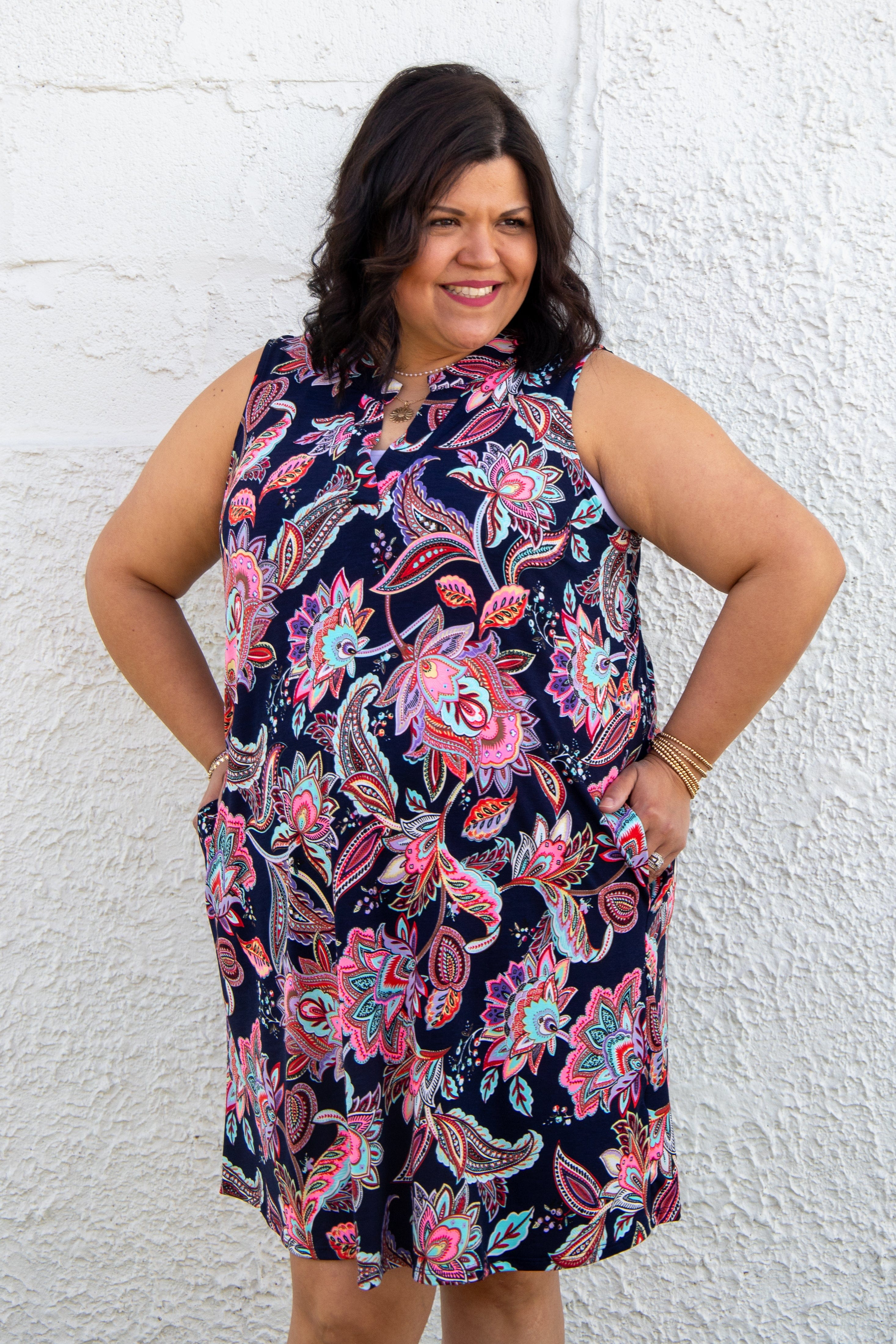 Navy Floral Paisley Sleeveless Dress