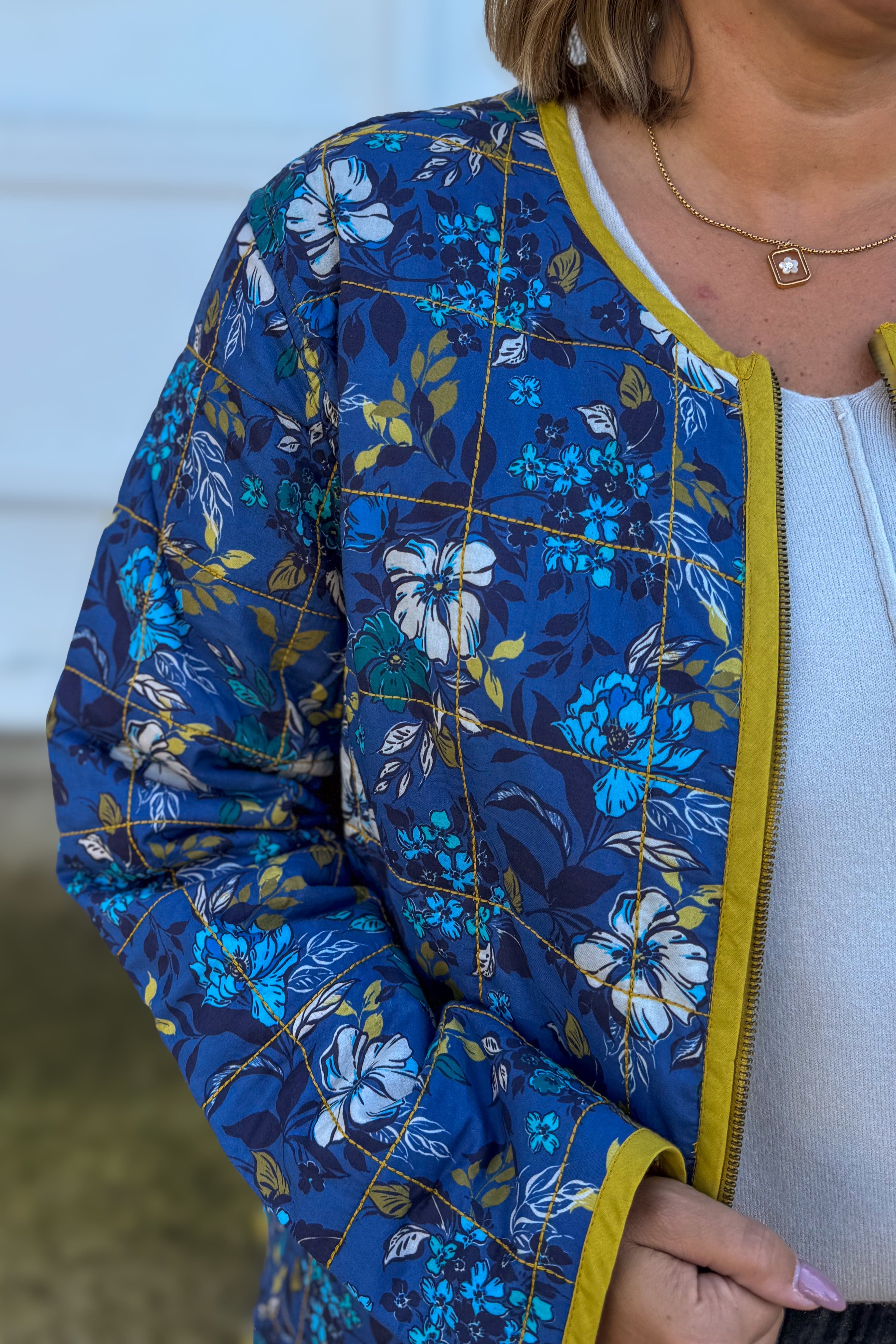 Blue Floral Reversible Quilted Jacket Detailed