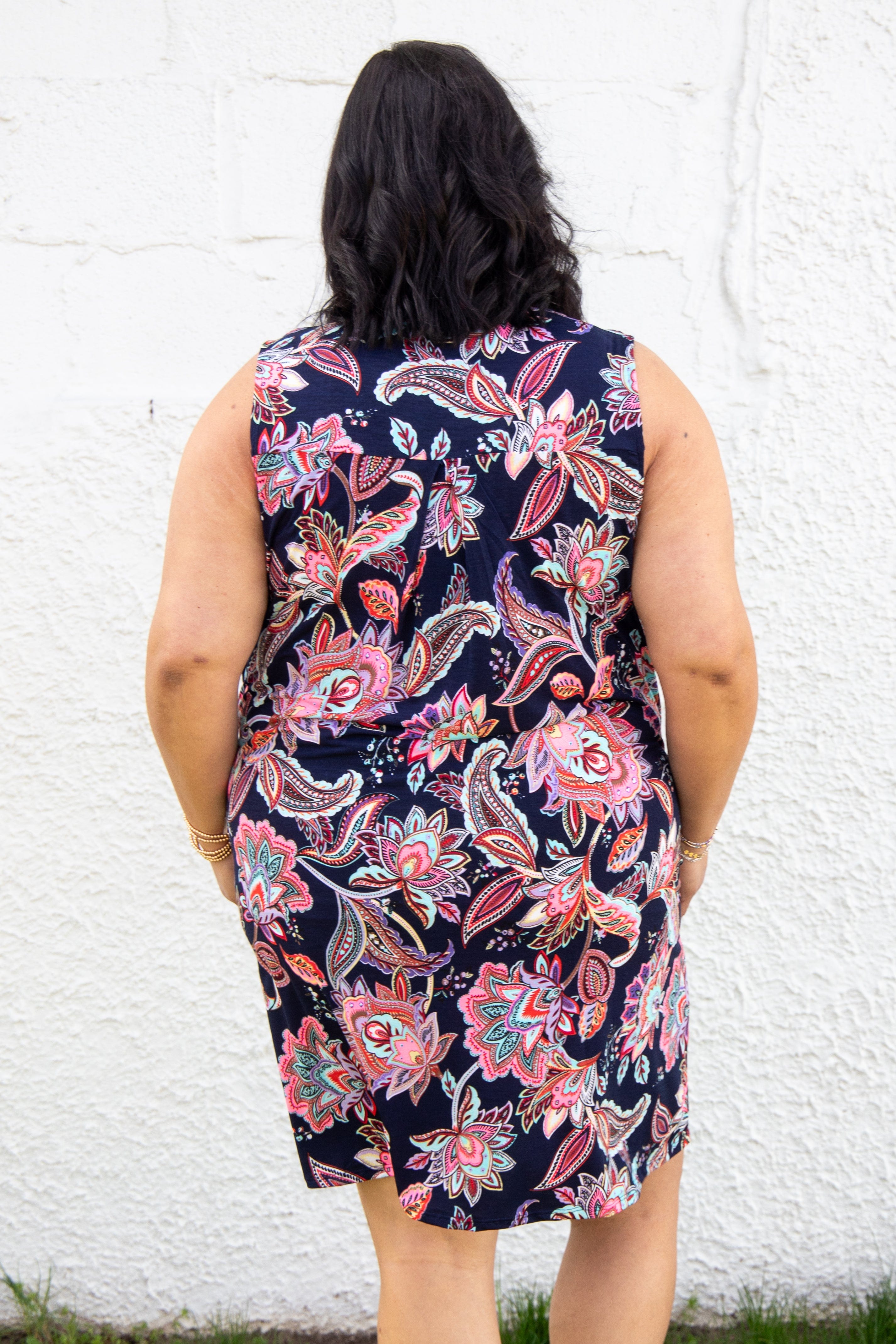 Navy Floral Paisley Sleeveless Dress back