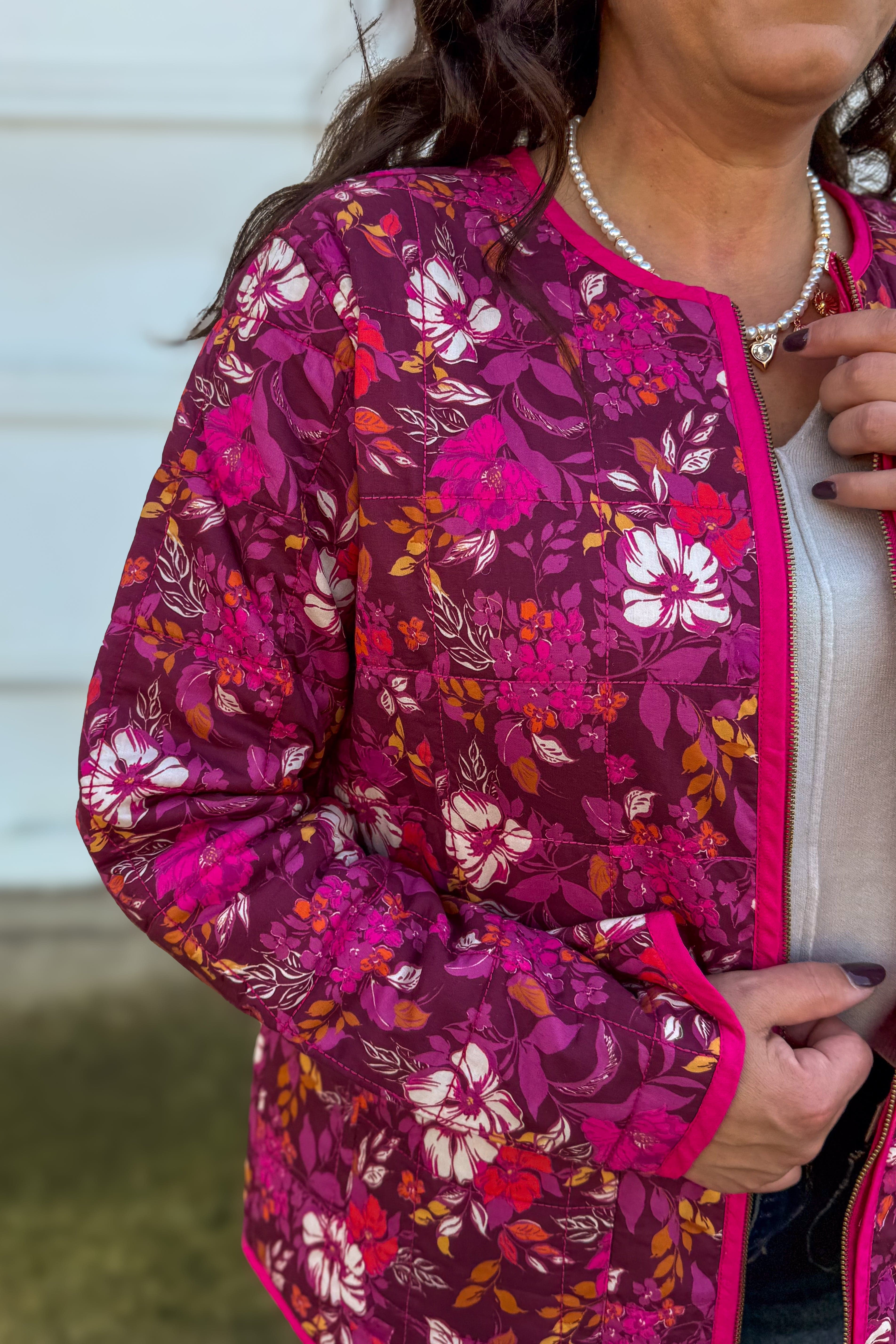 Berry Floral Reversible Quilted Jacket Detailed