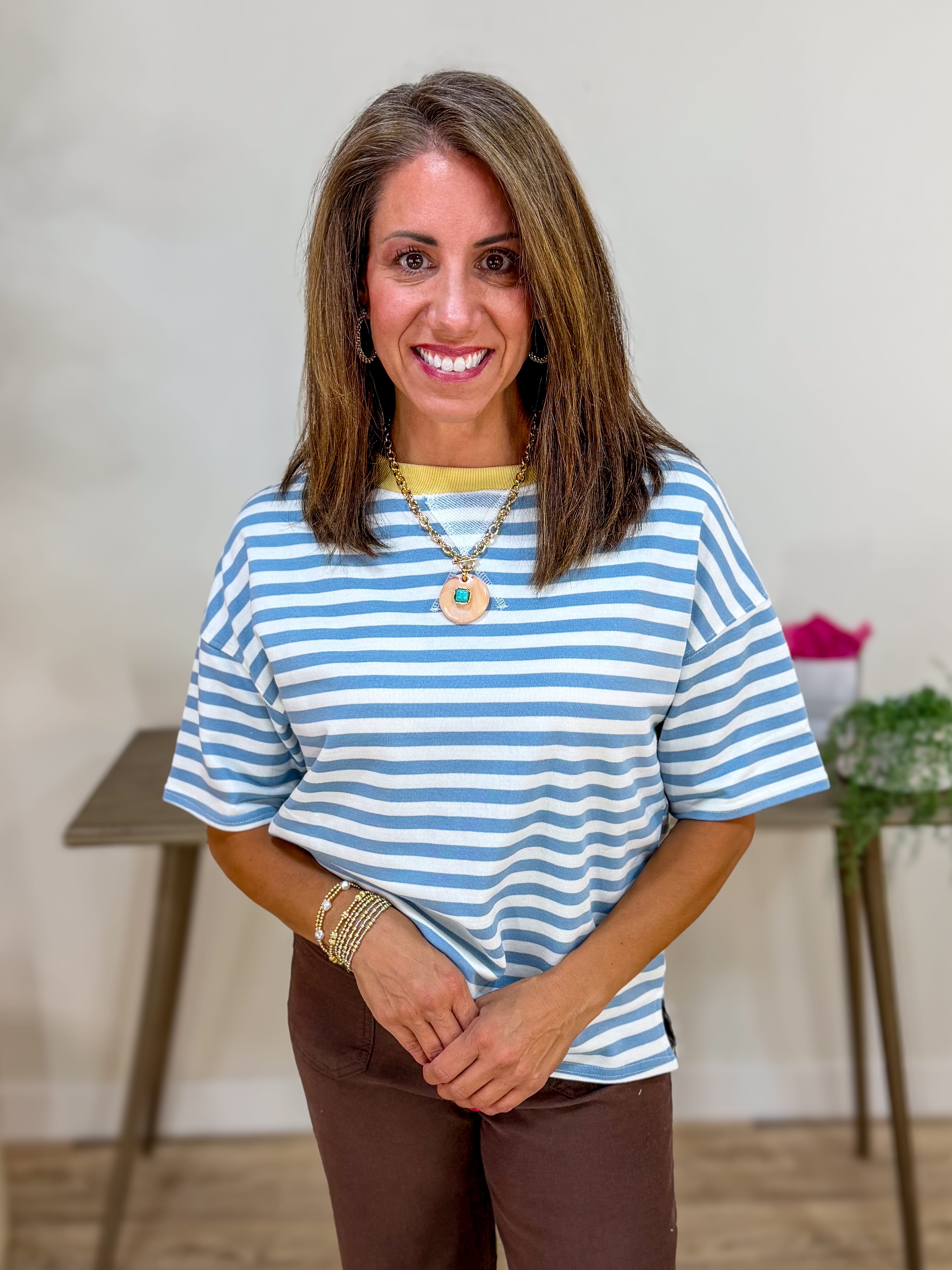 Dusty Blue Stripe Colorblock Knit Top